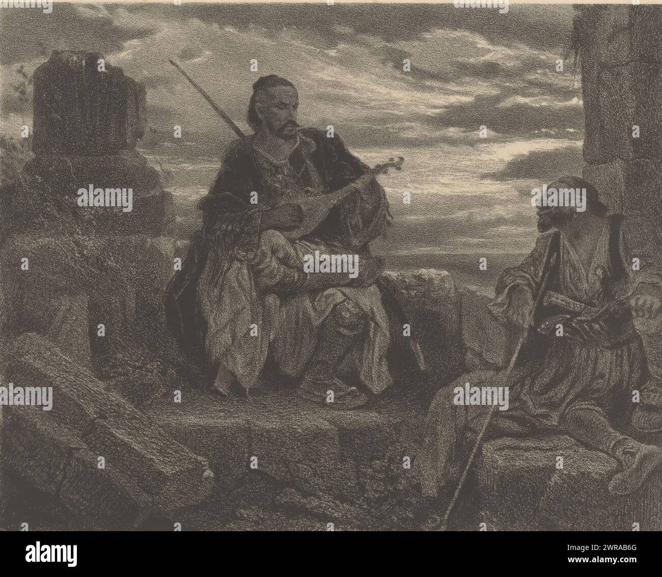 Deux hommes albanais assis, celui de gauche fait de la musique, Albanais (titre sur objet), artistes anciens et contemporains (titre de la série), les artistes anciens et modérés (titre de la série sur objet), imprimeur : Célestin François Nanteuil, d'après la peinture de : Alexandre-Gabriel Decamps, imprimeur: Victor Jacques Bertauts, Paris, 1851 - 1862, papier, hauteur 315 mm × largeur 449 mm, impression Banque D'Images