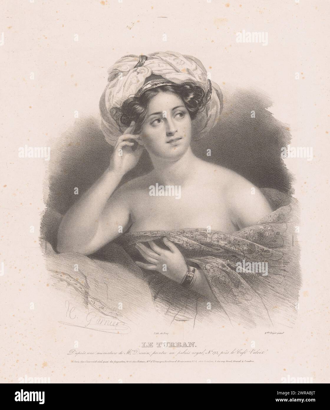 Jeune femme au turban, le turban (titre sur objet), imprimeur : Hippolyte Louis Garnier, d'après peinture par : aimée brune, d'après dessin par : Drouin, Paris, v. 1832, papier, hauteur 546 mm × largeur 359 mm, impression Banque D'Images
