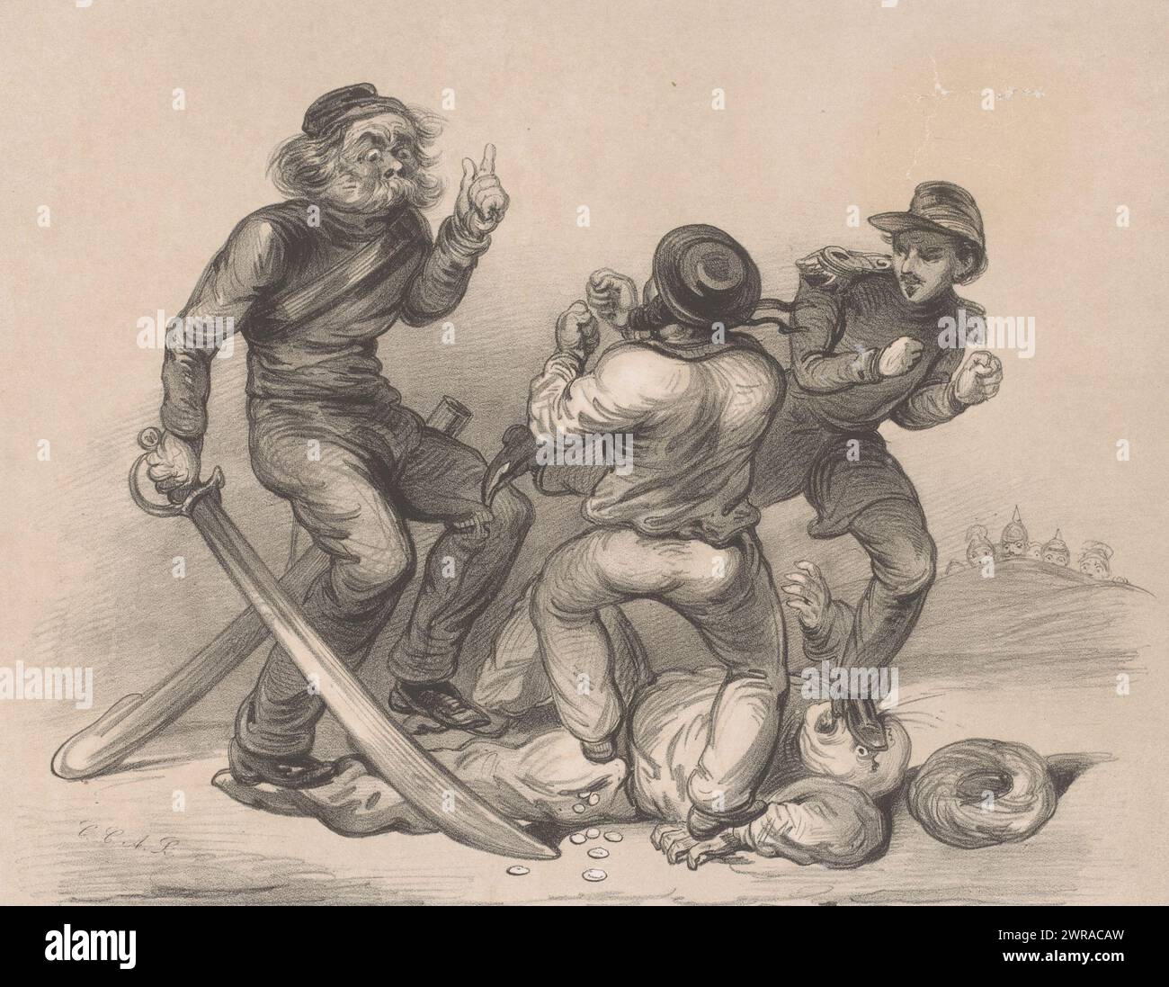 Trois hommes combattant Turk piétinant, aidez Turk ! (Titre sur l'objet), deux hommes à droite tiennent leurs poings serrés vers le haut, l'homme à gauche pointe son doigt vers le haut et tient une épée dans sa main. Pendant ce temps, les trois hommes piétinent un turc avec un turban., imprimeur : Carel Christiaan Antony Last, après conception par : Alexander Ver Huell, imprimeur : Pieter Willem Marinus Trap, imprimeur : Leiden, éditeur : Amsterdam, 1854 - 1876, papier, hauteur 313 mm × largeur 430 mm, impression Banque D'Images Trois hommes combattant Turk piétinant, aidez Turk ! (Titre sur l'objet), deux hommes à droite tiennent leurs poings serrés vers le haut, l'homme à gauche pointe son doigt vers le haut et tient une épée dans sa main. Pendant ce temps, les trois hommes piétinent un turc avec un turban., imprimeur : Carel Christiaan Antony Last, après conception par : Alexander Ver Huell, imprimeur : Pieter Willem Marinus Trap, imprimeur : Leiden, éditeur : Amsterdam, 1854 - 1876, papier, hauteur 313 mm × largeur 430 mm, impression Banque D'Images