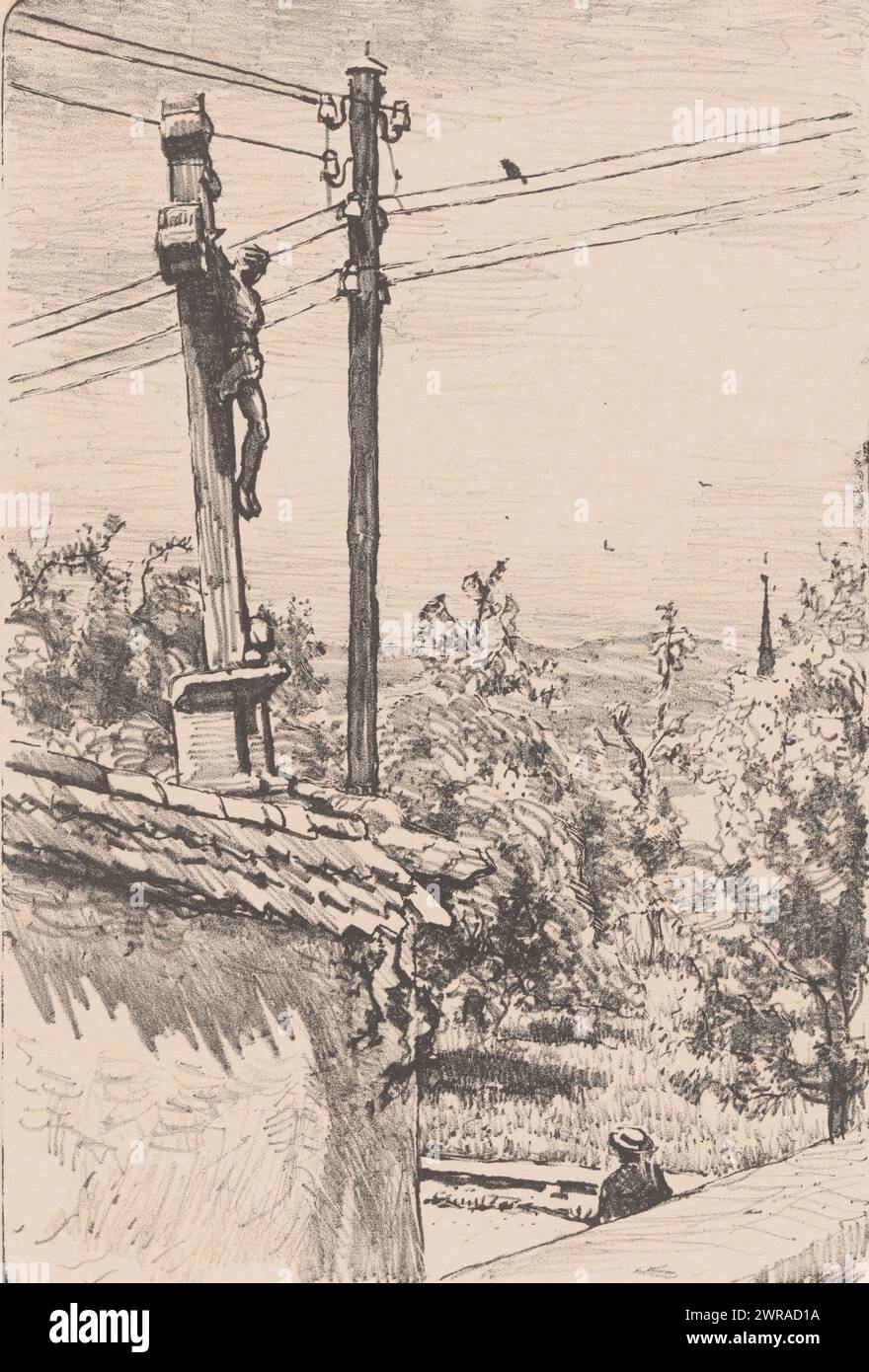 Paysage avec poteau télégraphique et croix avec statue du Christ, Croix et poteau télégraphique (titre original), imprimeur : Willem Bastiaan Tholen, (signé par l'artiste), 1870 - 1914, papier, hauteur 292 mm × largeur 204 mm, tirage Banque D'Images