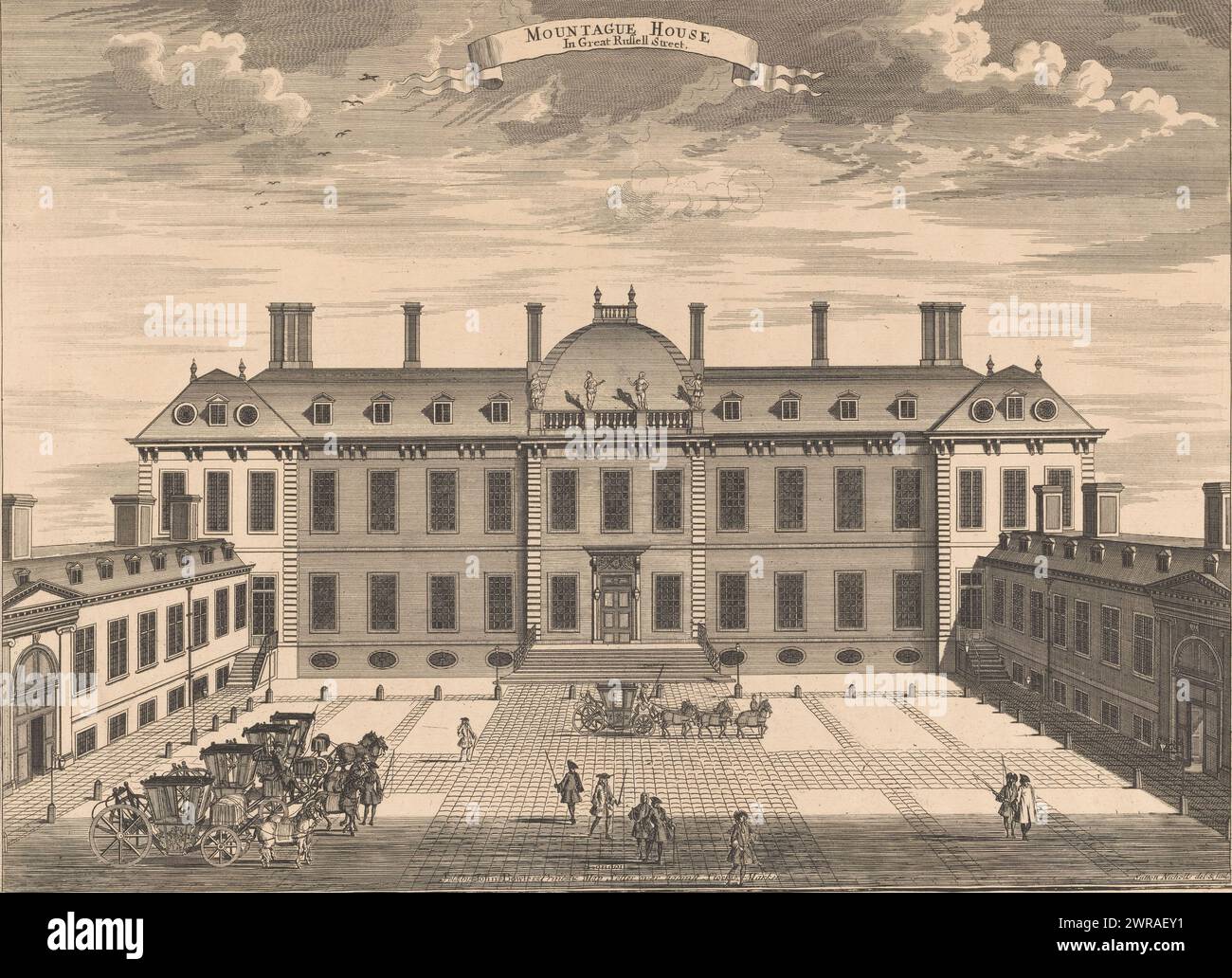 Vue de Montagu House dans Great Russell Street dans Bloomsbury London, Mountague House dans Great Russell Street (titre sur l'objet), vues de bâtiments à Londres (titre de la série), Londres décrit ; ou vues en perspective et élévations de bâtiments notables (titre de la série), imprimeur : Sutton Nicholls, après dessin par: Sutton Nicholls, John Bowles, Londres, 1720 - 1731, papier, gravure, gravure, hauteur 335 mm × largeur 449 mm, impression Banque D'Images