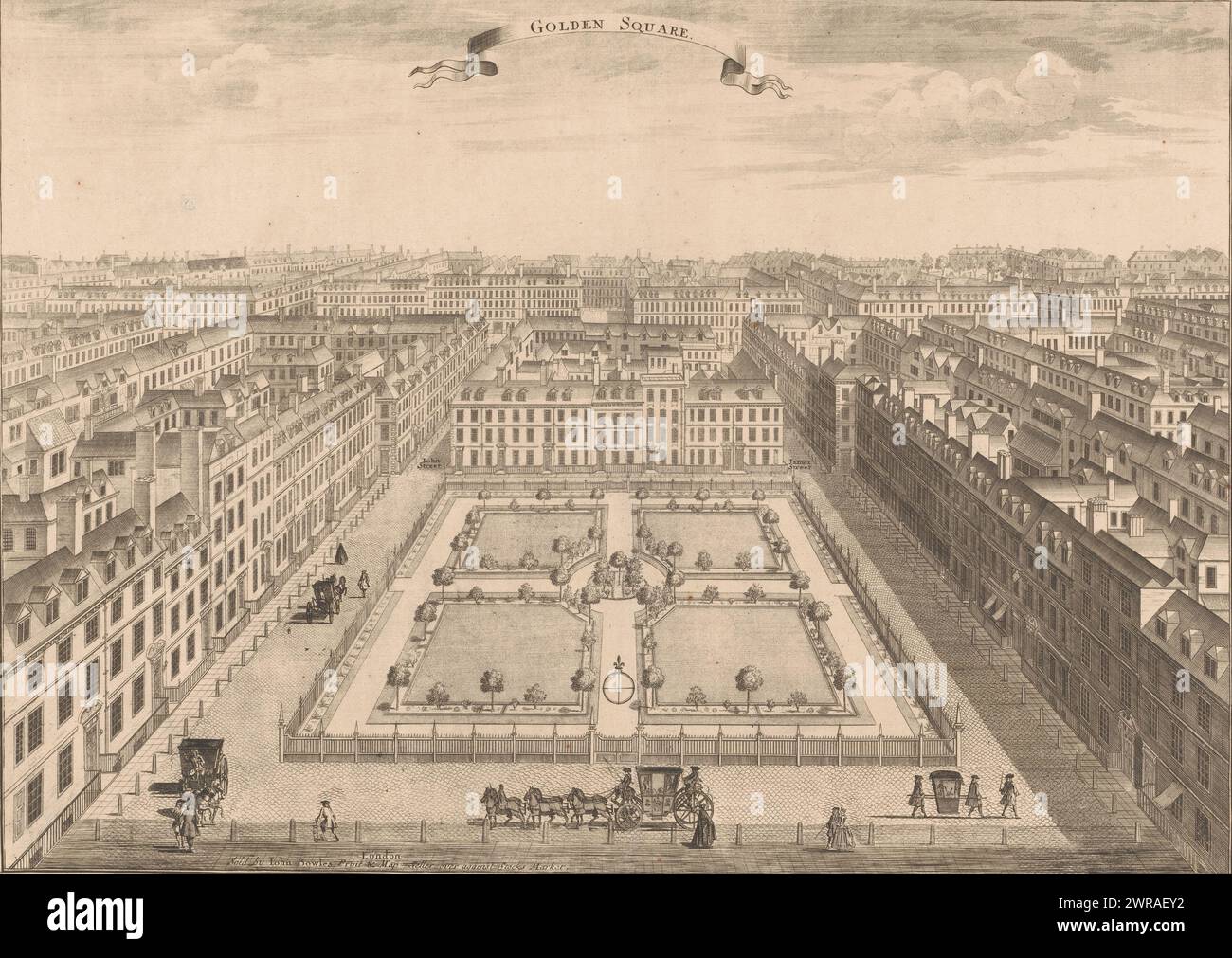 Vue de Golden Square à Soho Londres, vues de bâtiments à Londres (titre de la série), Londres décrit ; ou vues en perspective et élévations de bâtiments notables (titre de la série), imprimeur : Sutton Nicholls, après dessin par : Sutton Nicholls, John Bowles, Londres, 1720 - 1731, papier, gravure, gravure, hauteur 323 mm × largeur 466 mm, impression Banque D'Images