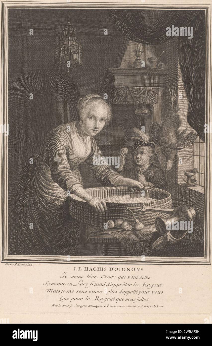 Femme de maison hache des oignons dans une cuisine, le hachis d'oignons (titre sur objet), imprimeur : Louis Surugue, après peinture de : Gerard Dou, éditeur : Louis Surugue, Paris, 1724, papier, gravure, gravure, hauteur 276 mm × largeur 190 mm, impression Banque D'Images