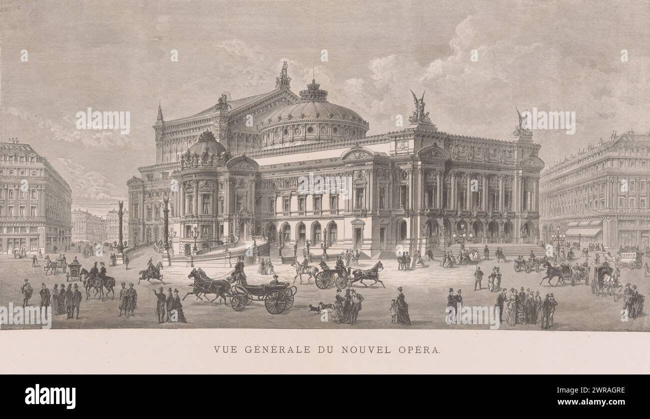 Vue de l'Opéra Garnier, vue générale du nouvel opéra (titre sur objet), imprimeur : Auguste Trichon, d'après conception par : Delannoy, 1824 - 1898, papier, gravure sur bois, hauteur 400 mm × largeur 560 mm, tirage Banque D'Images