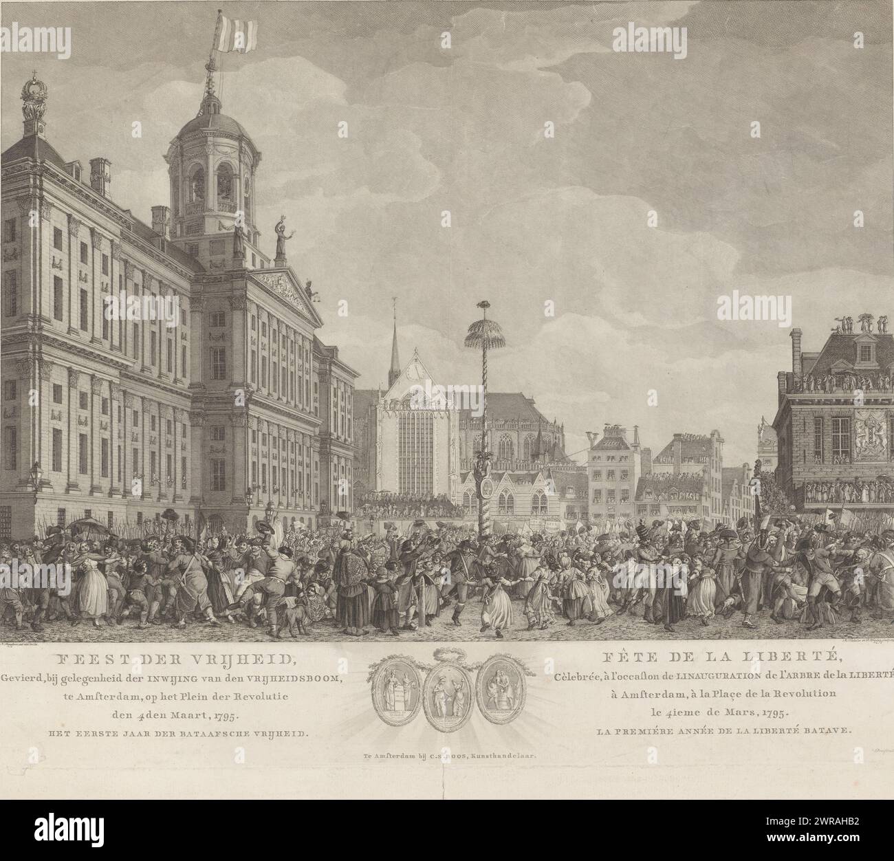 Fête de la liberté sur le barrage d'Amsterdam, le 4 mars 1795, fête de la liberté, célébrée à l'occasion de l'inauguration de l'arbre de la liberté, à Amsterdam, sur la place de la Révolution, le 4 mars 1795. La première année de la liberté batave / Fête de la liberté, Cèlebrée (...) (Titre sur l'objet), Fête de la liberté, célébrée lors de l'inauguration de l'arbre de la liberté sur la place du Dam à Amsterdam, le 4 mars 1795. Vue sur la place du Dam avec une grande foule dansant autour de l'arbre de la liberté. Dans la légende, les titres en néerlandais et en français et les trois emblèmes allégoriques de la liberté Banque D'Images Fête de la liberté sur le barrage d'Amsterdam, le 4 mars 1795, fête de la liberté, célébrée à l'occasion de l'inauguration de l'arbre de la liberté, à Amsterdam, sur la place de la Révolution, le 4 mars 1795. La première année de la liberté batave / Fête de la liberté, Cèlebrée (...) (Titre sur l'objet), Fête de la liberté, célébrée lors de l'inauguration de l'arbre de la liberté sur la place du Dam à Amsterdam, le 4 mars 1795. Vue sur la place du Dam avec une grande foule dansant autour de l'arbre de la liberté. Dans la légende, les titres en néerlandais et en français et les trois emblèmes allégoriques de la liberté Banque D'Images