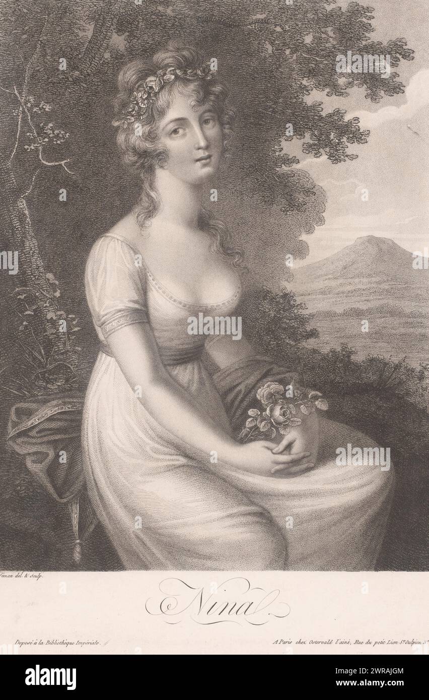 Jeune femme assise avec une rose sur les genoux, Nina (titre sur objet), imprimeur : Pierre Simon (II), éditeur : Jean Fréderic Ostervald, Paris, 1779 - c. 1820, papier, gravure, hauteur 422 mm × largeur 330 mm, impression Banque D'Images