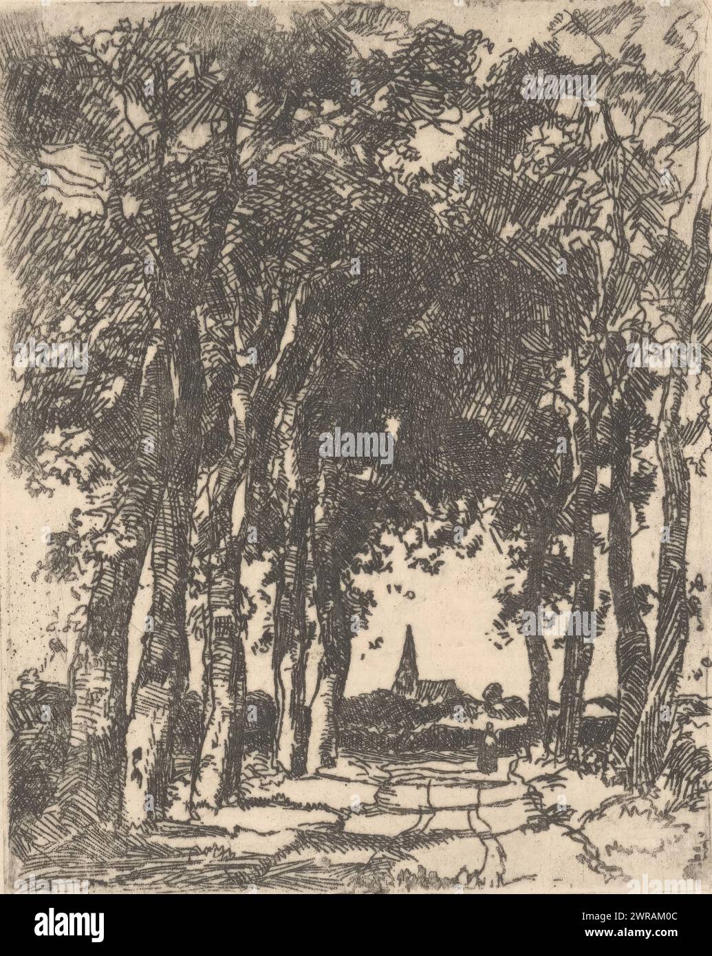 Avenue bordée d'arbres avec vue sur le village, imprimeur : Chris van der Windt, (signé par l'artiste), 1887 - 1952, papier, gravure, hauteur 91 mm × largeur 73 mm, impression Banque D'Images