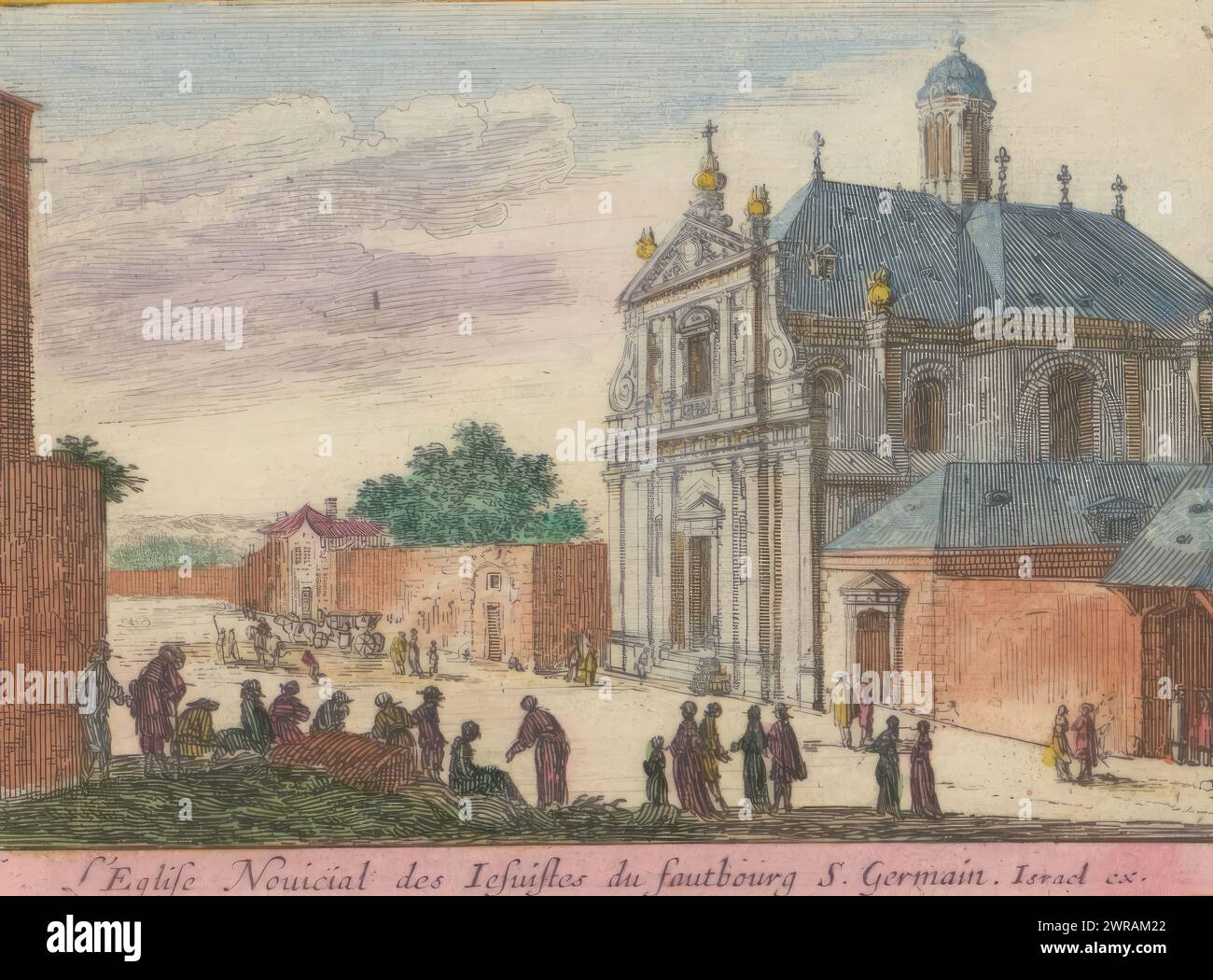 Vue de l'église jésuite de la rue pot-de-fer à Paris, L'Eglise novicial des Jesuistes du fauteuil S. Germain (titre sur l'objet), vue de l'église jésuite de la rue pot-de-fer à Paris. Print fait partie d'un album., imprimeur : Israël Silvestre, éditeur : Israël Henriet, Anna Beeck, imprimeur : Paris, éditeur : Paris, la Haye, 1631 - 1661, papier, gravure, hauteur 81 mm × largeur 111 mm, hauteur 535 mm × largeur 335 mm, impression Banque D'Images