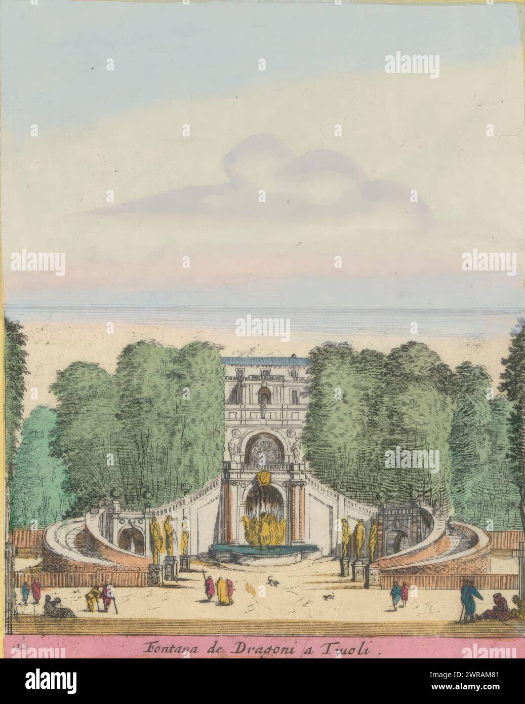Fontaine Dragon dans le jardin de Villa d'Este à Tivoli, Fontana de Dragoni à Tivoli (titre sur objet), jardins et fontaines à Rome et Tivoli (titre de série), Fontaine Dragon à Villa d'Este à Tivoli. Titre en italien dans la marge inférieure. L'impression fait partie d'un album., imprimeur : Israël Silvestre, Anna Beeck, imprimeur : France, la Haye, 1631 - 1691 et/ou 1693 - 1717, papier, gravure, hauteur 150 mm × largeur 119 mm, impression Banque D'Images