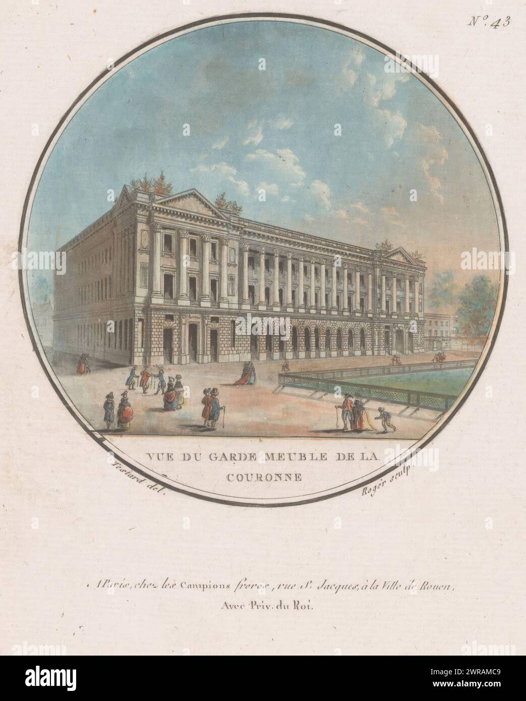 Vue du magasin Royal de meubles, vue du Garde meuble de la Couronne (titre sur l'objet), vues des édifices les plus importants de Paris (titre de la série), vues pittoresques des principaux édifices de Paris (titre de la série), imprimeur : L. Roger, après dessin de : Jean Testard, éditeur : le Campion Frères, éditeur : Rouen, France, c. 1789, papier, gravure, hauteur 195 mm × largeur 155 mm, impression Banque D'Images