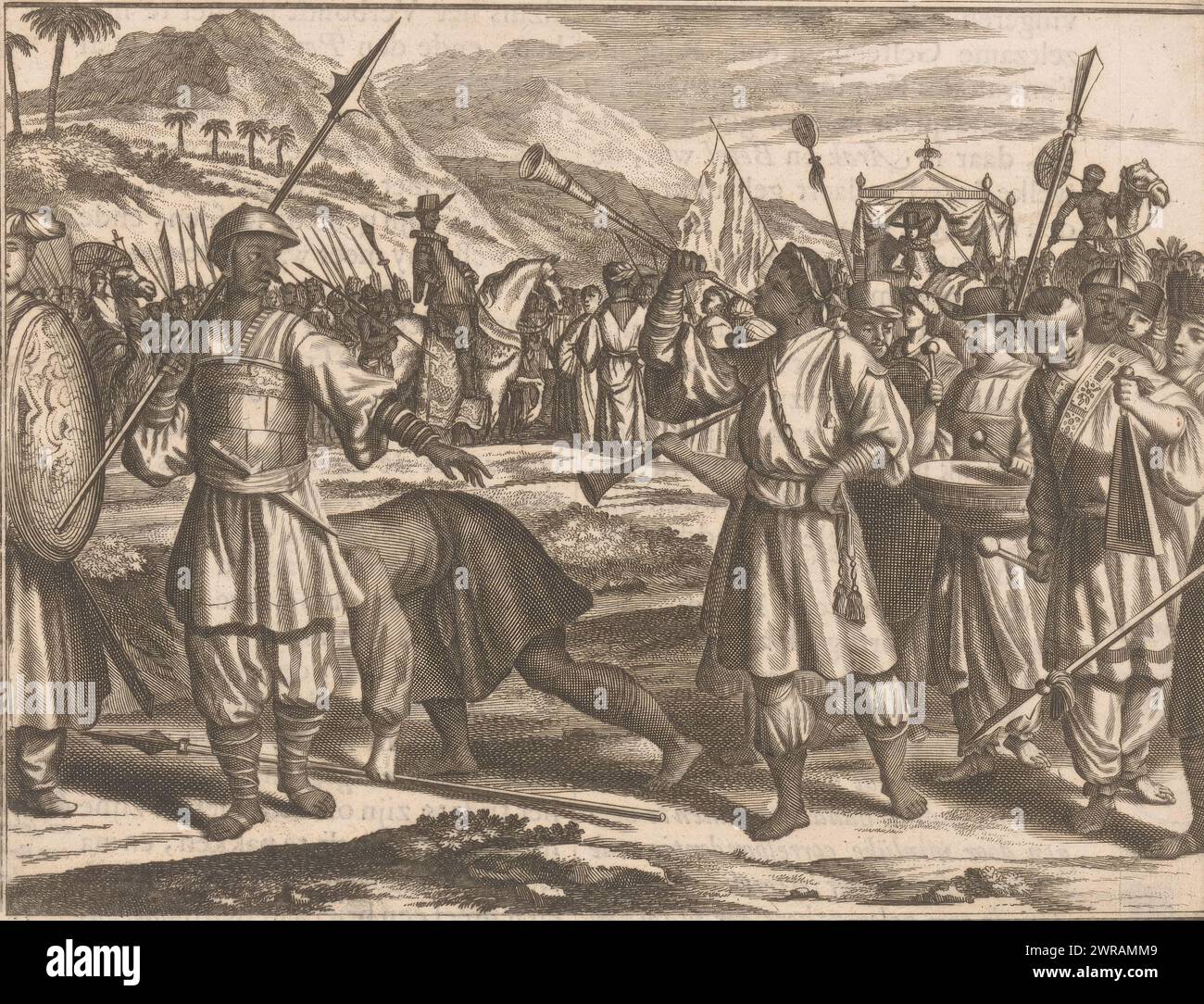 Réception de Vasco de Gama au Samorin immédiatement après son débarquement, Da Gama est accueilli par une escorte qui le conduit au Samorin de Calicut., imprimeur : Gonsales Appelmans, éditeur : Johannes Janssonius van Waesberge (I), éditeur : Joannes van Someren, Amsterdam, 1672, papier, gravure, gravure, typographie, hauteur 132 mm × largeur 175 mm, impression Banque D'Images