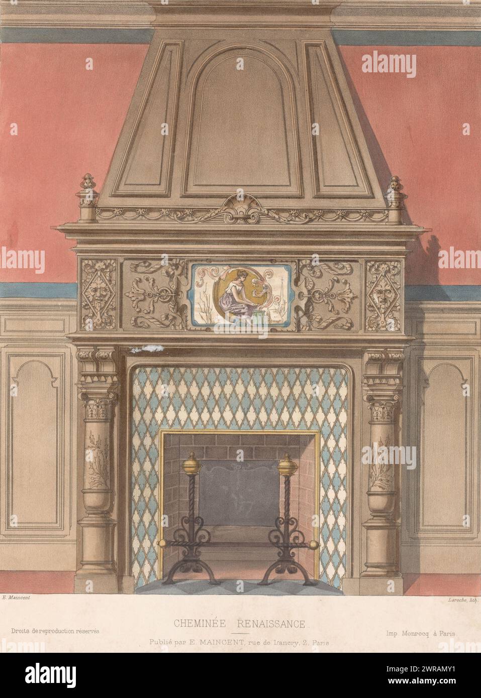 Cheminée avec tableau, cheminée renaissance (titre sur objet), le garde-meuble / Collection de meubles (titre de la série sur objet), cheminée renaissance avec tableau avec une femme assise. Tirage du 335e livre., imprimeur : Léon Laroche, imprimeur : Monrocq, éditeur : Eugène Maincent, Paris, 1885 - 1895, papier, hauteur 358 mm × largeur 278 mm, impression Banque D'Images