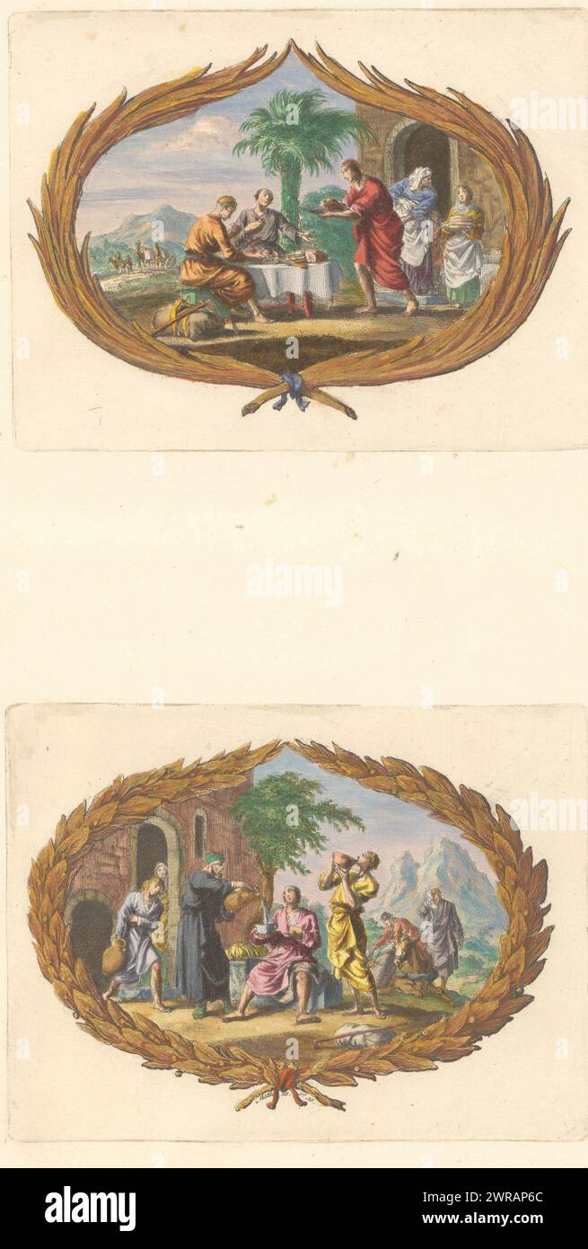 Feuille avec deux vignettes, feuille avec deux vignettes. Ci-dessus : nourrir les affamés. Ci-dessous : la boisson assoiffée. Feuille dans la deuxième partie de l'image Bible avec le Nouveau Testament, publié par Pieter mortier, Amsterdam 1700., Dirk Janszoon van Santen, imprimeur : Jan Luyken, éditeur : Pieter mortier (I), Amsterdam, 1700, papier, gravure, hauteur c. 115 mm × largeur c. 150 mm, hauteur 440 mm × largeur 275 mm, impression Banque D'Images