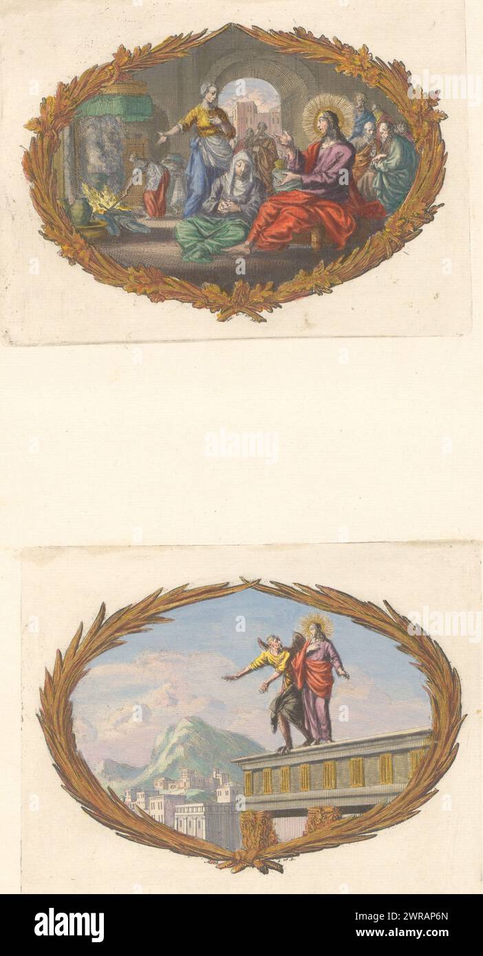 Feuille avec deux vignettes, feuille avec deux vignettes entre les branches de palmier. Ci-dessus : Christ dans la maison de Marthe et Marie. Ci-dessous : tentation du Christ par le diable au temple. Feuille dans la deuxième partie de l'image Bible avec le Nouveau Testament, publié par Pieter mortier, Amsterdam 1700., Dirk Janszoon van Santen, imprimeur : Jan Luyken, éditeur : Pieter mortier (I), Amsterdam, 1700, papier, gravure, hauteur c. 115 mm × largeur c. 150 mm, hauteur 440 mm × largeur 275 mm, impression Banque D'Images