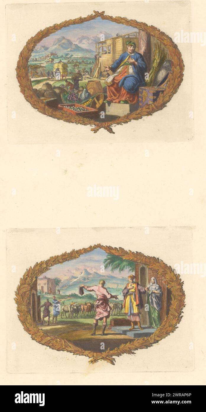 Feuille avec deux vignettes, feuille avec deux vignettes. Ci-dessus : parabole d'un agriculteur avide. Ci-dessous : parabole d'un festin de mariage. Feuille dans la deuxième partie de l'image Bible avec le Nouveau Testament, publié par Pieter mortier, Amsterdam 1700., Dirk Janszoon van Santen, imprimeur : Jan Luyken, éditeur : Pieter mortier (I), Amsterdam, 1700, papier, gravure, hauteur c. 115 mm × largeur c. 150 mm, hauteur 440 mm × largeur 275 mm, impression Banque D'Images