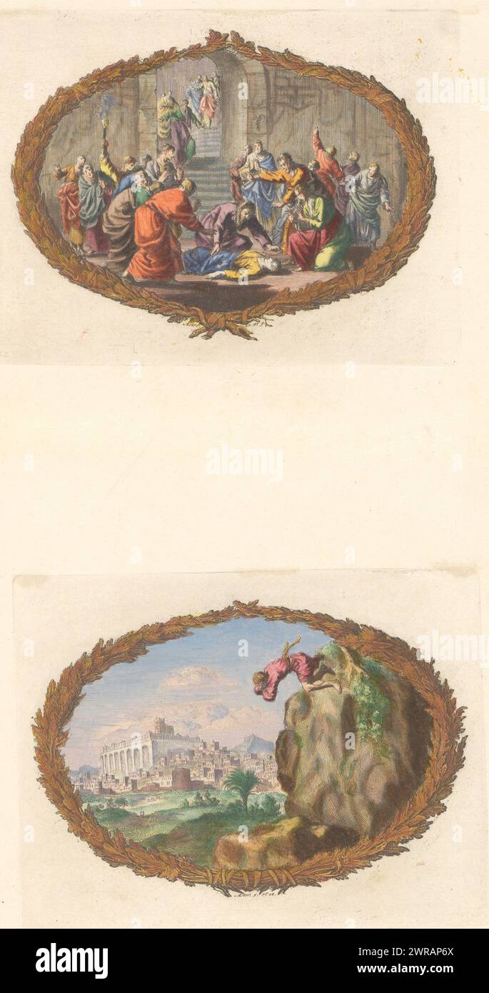 Feuille avec deux vignettes, feuille avec deux vignettes. Ci-dessus : Paul a pitié de l'Eutychus déchu. Ci-dessous : Judas se jette d'un rocher. Feuille dans la deuxième partie de l'image Bible avec le Nouveau Testament, publié par Pieter mortier, Amsterdam 1700., Dirk Janszoon van Santen, imprimeur : Jan Luyken, éditeur : Pieter mortier (I), Amsterdam, 1700, papier, gravure, hauteur c. 115 mm × largeur c. 150 mm, hauteur 440 mm × largeur 275 mm, impression Banque D'Images