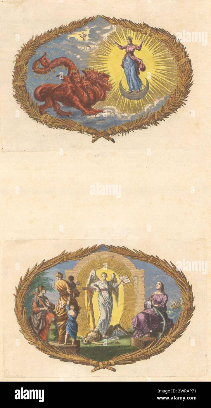 Feuille avec deux vignettes, feuille avec deux vignettes. Ci-dessus : apparition de la femme apocalyptique et du dragon à sept têtes. Ci-dessous : vertus théologiques et un ange. Feuille dans la deuxième partie de l'image Bible avec le Nouveau Testament, publié par Pieter mortier, Amsterdam 1700., Dirk Janszoon van Santen, imprimeur : Jan Luyken, éditeur : Pieter mortier (I), Amsterdam, 1700, papier, gravure, hauteur c. 115 mm × largeur c. 150 mm, hauteur 440 mm × largeur 275 mm, impression Banque D'Images