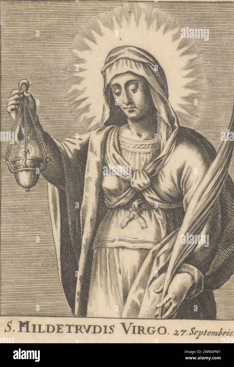 H. Hildetrudis van Liessies, S. Hildetrudis Virgo. 27 Septembris (titre sur objet), saints féminins et leur nom jours (titre de la série), imprimeur : anonyme, 1600 - 1699, papier, gravure, hauteur 112 mm × largeur 77 mm, impression Banque D'Images