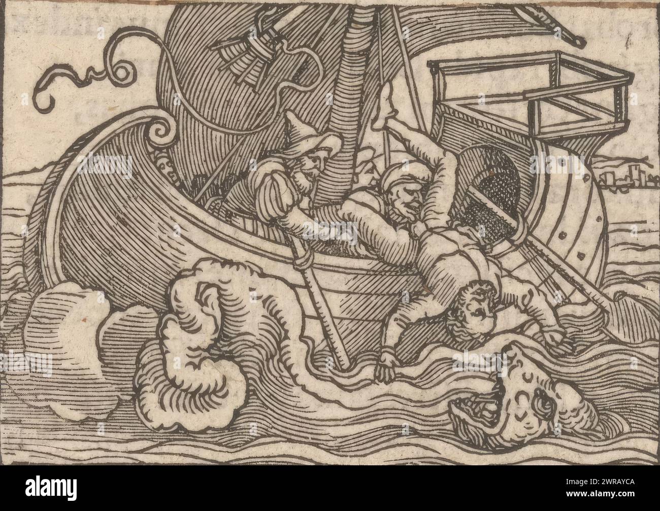 Jonah est jeté par-dessus bord dans la bouche de la baleine, Historia Ionae prophetae (titre sur l'objet), imprimeur : anonyme, après conception par : Hans Sebald Beham, éditeur : Christian Egenollf, 1530 - 1533, papier, hauteur 50 mm × largeur 70 mm, impression Banque D'Images Jonah est jeté par-dessus bord dans la bouche de la baleine, Historia Ionae prophetae (titre sur l'objet), imprimeur : anonyme, après conception par : Hans Sebald Beham, éditeur : Christian Egenollf, 1530 - 1533, papier, hauteur 50 mm × largeur 70 mm, impression Banque D'Images