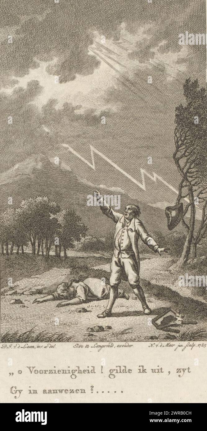 Deux personnes frappées par le tonnerre, ô Providence ! J'ai crié, est-ce que Gy est vraiment présent ? (...) (Titre sur l'objet), Un père serre son poing au ciel après que sa fille ait été frappée par la foudre. Son chapeau souffle de sa tête., imprimeur : Noach van der Meer (II), après dessin par : Dirk Jan van der Laan, éditeur : ELWE & Langeveld, Amsterdam, 1785, papier, gravure, hauteur 222 mm × largeur 145 mm, impression Banque D'Images