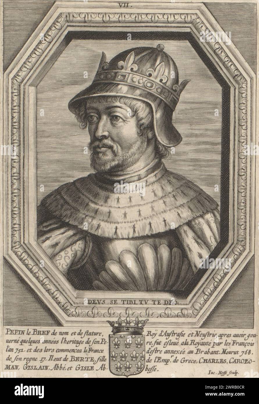 Portrait du roi Pépin le court, Pépin le court, roi des Francs, vêtu d'armures et portant un casque couronné sur la tête. Buste à gauche dans un cadre octogonal. Au bas de la marge se trouvent les armoiries et deux colonnes de cinq lignes en français. Numéroté en haut au centre du cadre : VII, imprimeur : Jacob Neefs, Anvers, 1620 - 1680, papier, gravure, hauteur 175 mm × largeur 119 mm, impression Banque D'Images