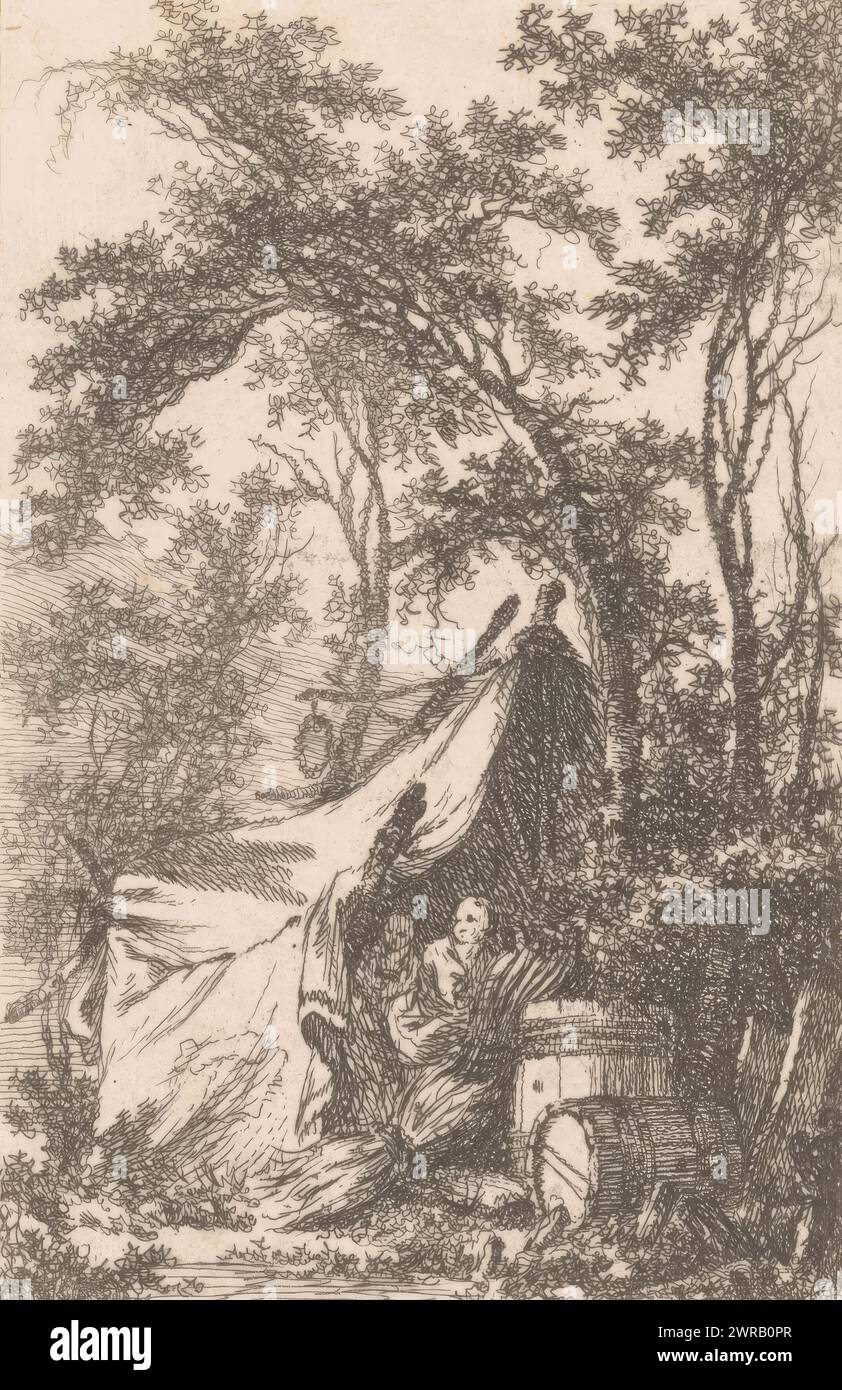 Paysage forestier avec femme et enfant en tente, imprimeur : Richard de Saint-non, après dessin par : Jean Baptiste Leprince, 1737 - 1791, papier, gravure, hauteur 126 mm × largeur 81 mm, impression Banque D'Images