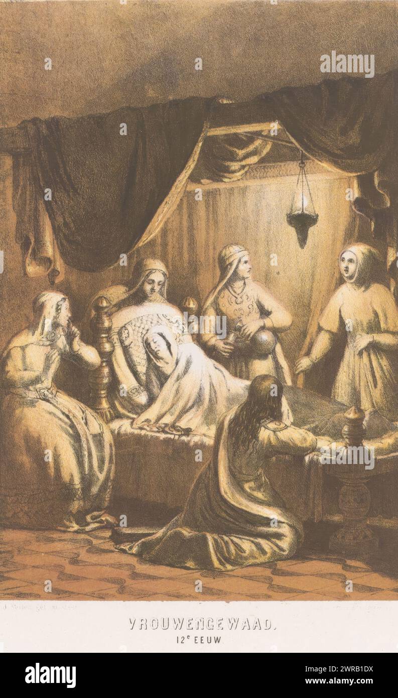 Costume pliant, 12ème siècle, Robe pour femme. 12 siècle (titre sur objet), costume pliant, 12ème siècle. Intérieur de la chambre avec cinq femmes entourant le lit de mort d'une femme., imprimeur : David van der Kellen (1827-1895), imprimeur : Emrik & Binger, Haarlem, 1857 - 1864, papier, hauteur c. 375 mm × largeur c. 292 mm, impression Banque D'Images