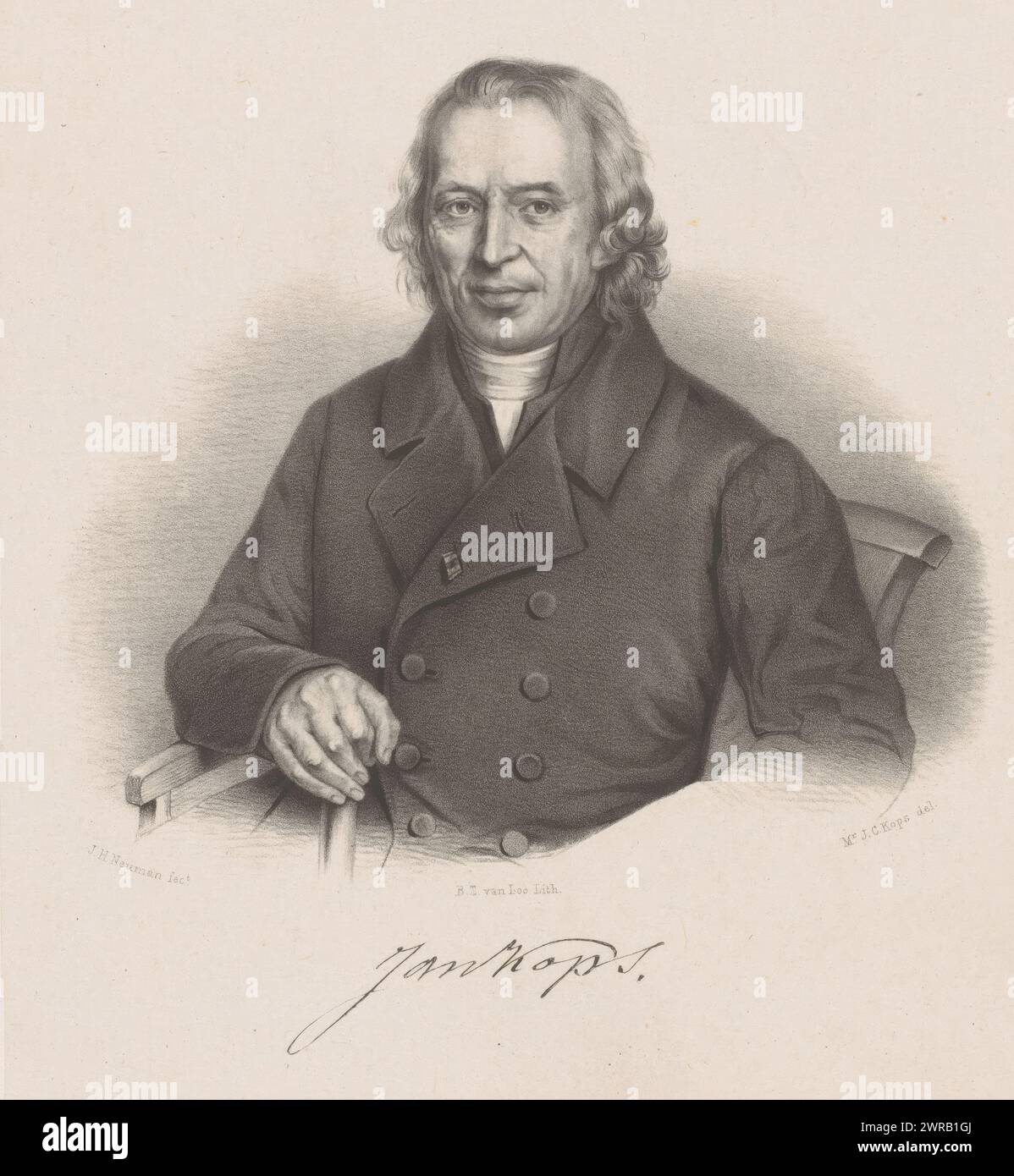 Portrait de Jan Kops, en dessous du portrait la signature du sitter., imprimeur : Bernardus Theodorus van Loo, après dessin par : J.C. Kops, après peinture par : Johan Heinrich Neuman, 1839 - 1846, papier, hauteur 495 mm × largeur 350 mm, impression Banque D'Images