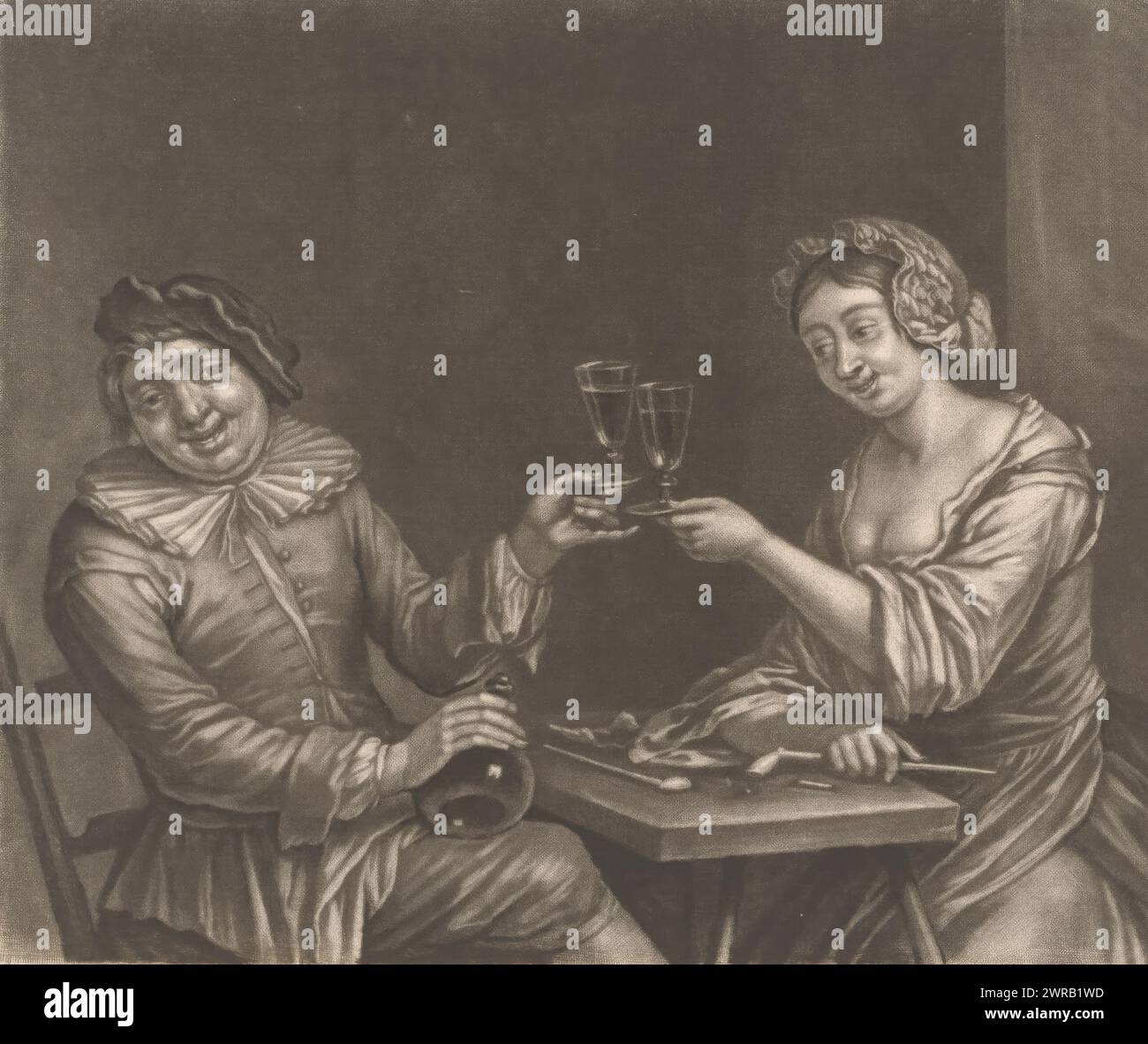 Homme et femme grillant à la table, imprimeur : anonyme, Angleterre, c. 1670 - c. 1720, papier, hauteur 166 mm × largeur 204 mm, impression Banque D'Images