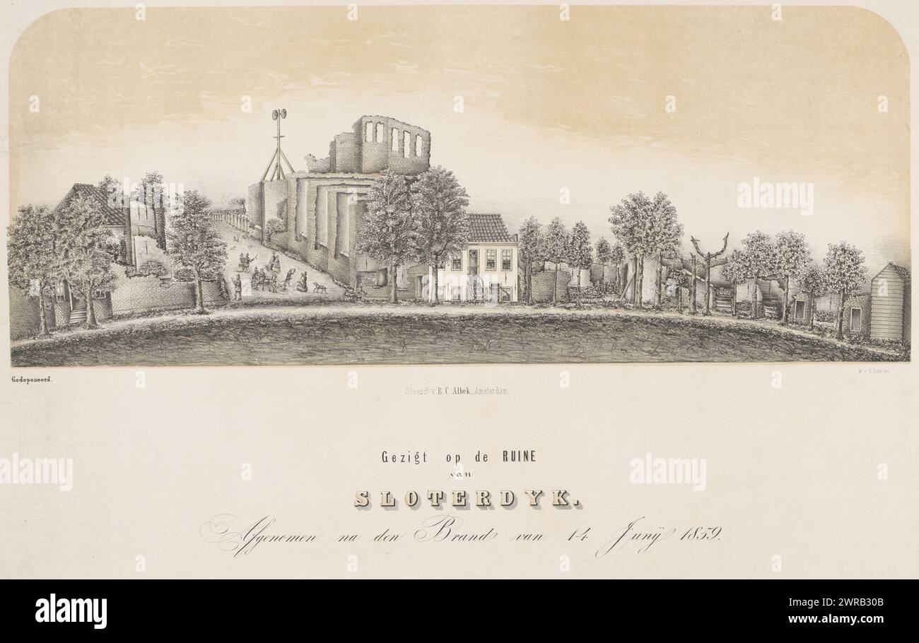 Vue sur les ruines de Sloterdijk, vue sur les ruines de Sloterdyk. Prises après l'incendie du 14 juin 1859 (titre sur objet), des bâtiments brûlés se dressent sur un pré. Au milieu, la maison Veritas qui a été épargnée., imprimeur : M. van der Lugt, imprimeur : B.C. Albek, Amsterdam, 1859, papier, hauteur 493 mm × largeur 678 mm, impression Banque D'Images