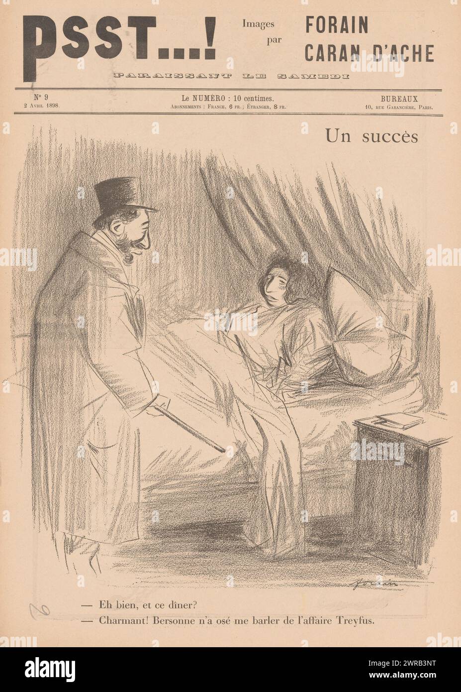 Caricature d'Edmond de Rothschild revenant d'un dîner, un succès (titre sur objet), hebdomadaire, composé de quatre caricatures politiques sur une page pliante., imprimeur : Jean-Louis Forain, éditeur : Plon, Paris, 1898, papier, hauteur 399 mm × largeur 279 mm, impression Banque D'Images