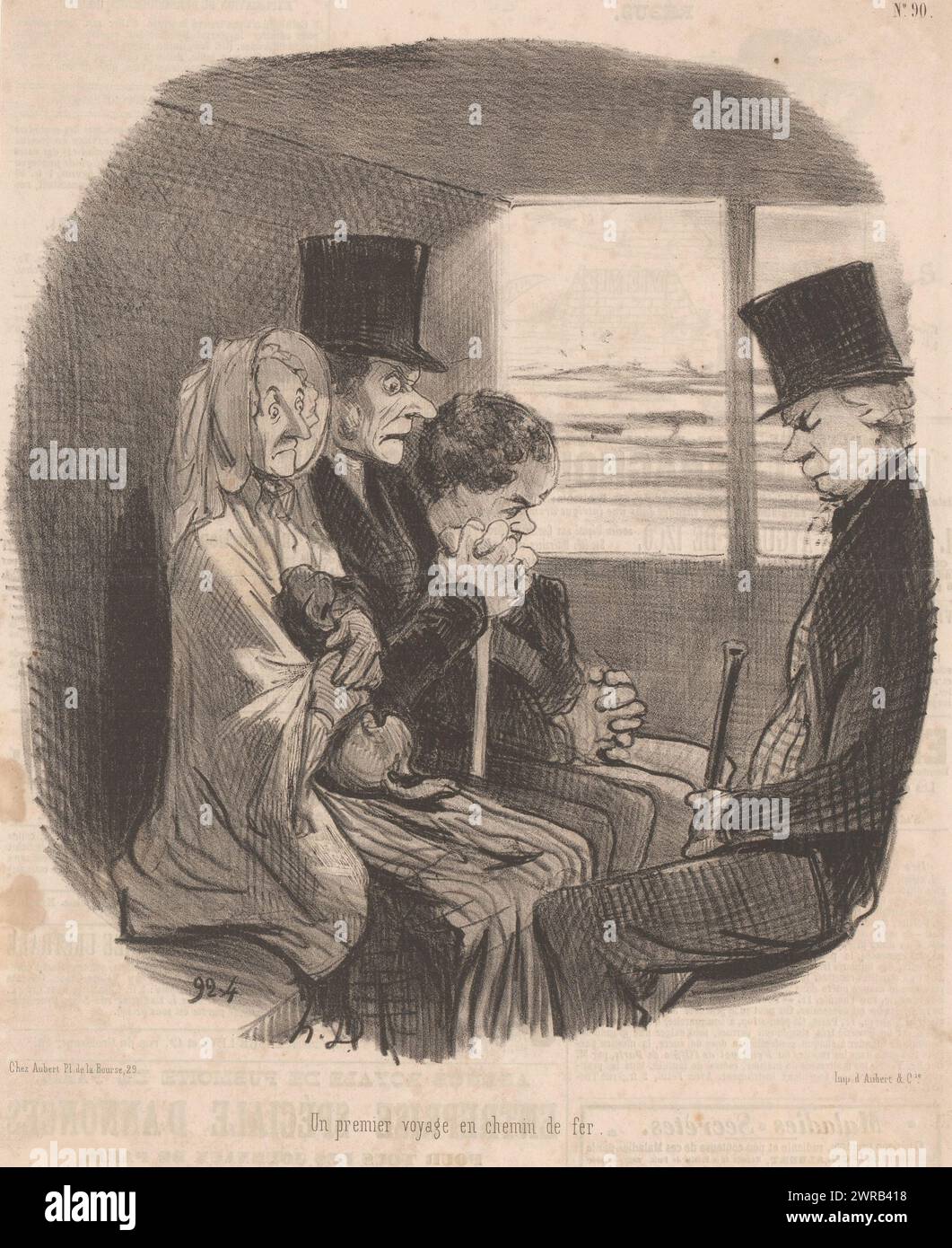 Voyageurs en voyage en train, un premier voyage en chemin de fer (titre sur objet), représentations de moments heureux (titre de la série), les beaux jours de la vie (titre de la série sur objet), imprimeur : Honoré Daumier, imprimeur : Aubert & Cie., éditeur : Aubert & Cie., Paris, 1846, papier, hauteur 345 mm × largeur 235 mm Banque D'Images