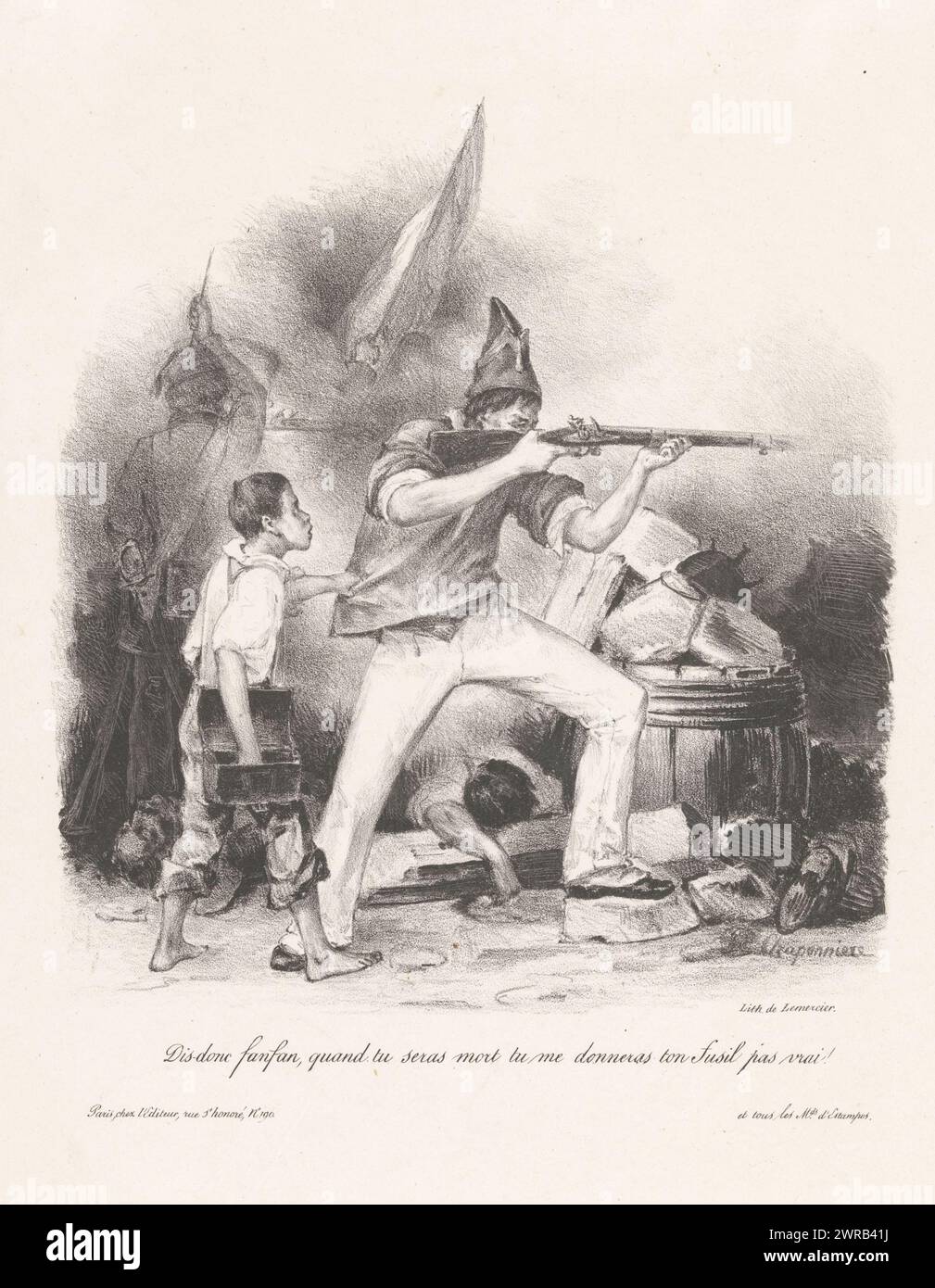 Garçon journal avec soldat de tir sur les barricades, dis-donc fanfan (...) (Titre sur objet), le garçon de journal demande au soldat tireur sur les barricades pendant la Révolution de juillet à Paris son arme., imprimeur : Jean-Etienne Chaponnière, imprimeur : Joseph Rose Lemercier, Paris, v. 1830, papier, hauteur 332 mm × largeur 278 mm, tirage Banque D'Images
