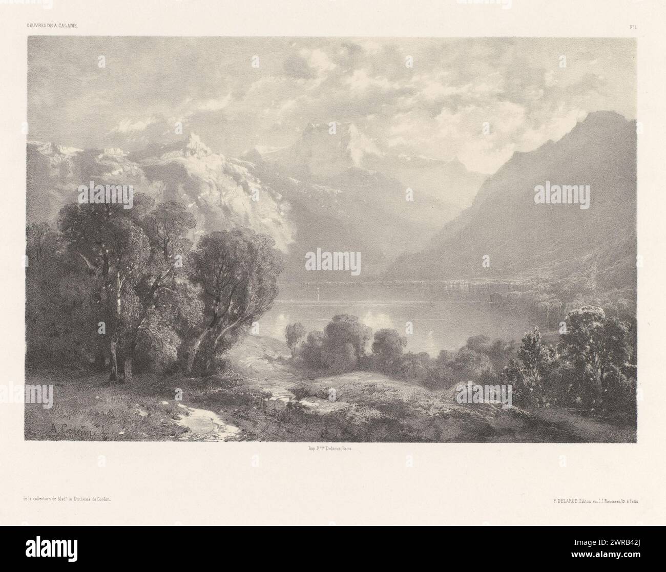 Paysage de montagne avec lac, paysages de A. Calame (titre de la série), oeuvres de A. Calame (titre de la série sur objet), imprimeur : Alexandre Calame, imprimeur : François Delarue, éditeur : F. Delarue, Paris, 1852 - 1855, papier, hauteur 385 mm × largeur 556 mm, impression Banque D'Images