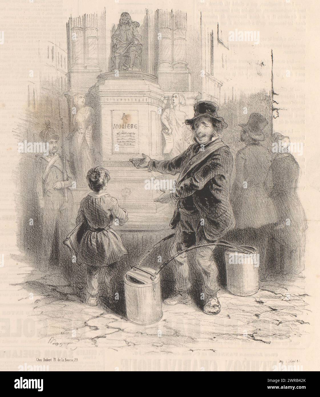 L'homme avec seaux n'est pas autorisé à puiser l'eau de la fontaine, la Fontaine Molière (titre sur objet), décorations de Paris (titre de la série), les embellissements de Paris (titre de la série sur objet), un homme avec deux seaux trouve risible que l'on doive donner aux Parisiens une fontaine d'où ils ne sont pas autorisés à puiser de l'eau. Un soldat monte la garde à gauche de la fontaine., imprimeur : Frédéric Bouchot, imprimeur : Aubert & Cie., éditeur : Aubert & Cie., Paris, 1844, papier, hauteur 363 mm × largeur 242 mm, impression Banque D'Images