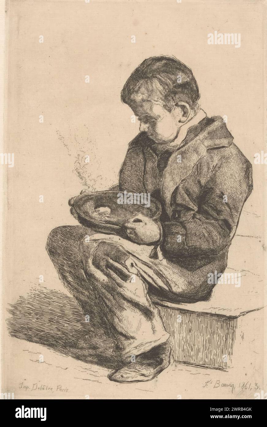Garçon assis avec un bol de soupe, six eaux-fortes, dessins et gravures de F. Bonvin, peintre (titre de la série), imprimeur : François Bonvin, imprimeur : Auguste Delâtre, éditeur : François Bonvin, Paris, 1861, papier, gravure, hauteur 225 mm × largeur 149 mm, impression Banque D'Images