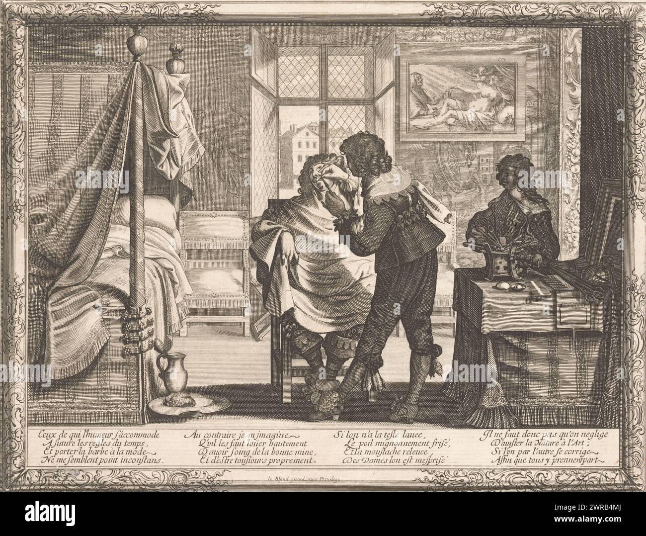 Barbier garnit la moustache d'un homme, les métiers (titre de la série), dans une chambre avec un lit à baldaquin sur la gauche, un barbier garnit la moustache d'un homme à l'aide d'un fer à repasser. L'homme est assis sur une chaise portant un drap. Sur la droite, un valet se tient à une table avec des ciseaux, des peignes et d'autres équipements de coiffure. Gobelins et une peinture de Zeus et Danae sur les murs., imprimeur : Abraham bosse, éditeur : Jean Leblond (I), inconnu, 1632, papier, gravure, gravure, hauteur 257 mm × largeur 333 mm, impression Banque D'Images