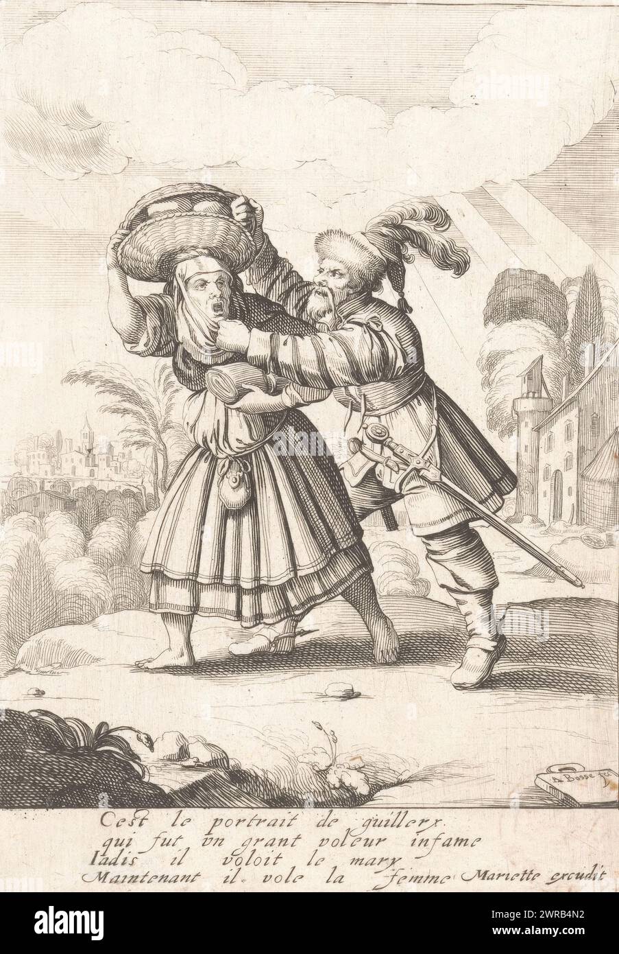 Highwayman attaque une femme, imprimeur : Abraham bosse, éditeur : Pierre Mariette (I), c. 1628, papier, gravure, gravure, hauteur 172 mm × largeur 123 mm, impression Banque D'Images