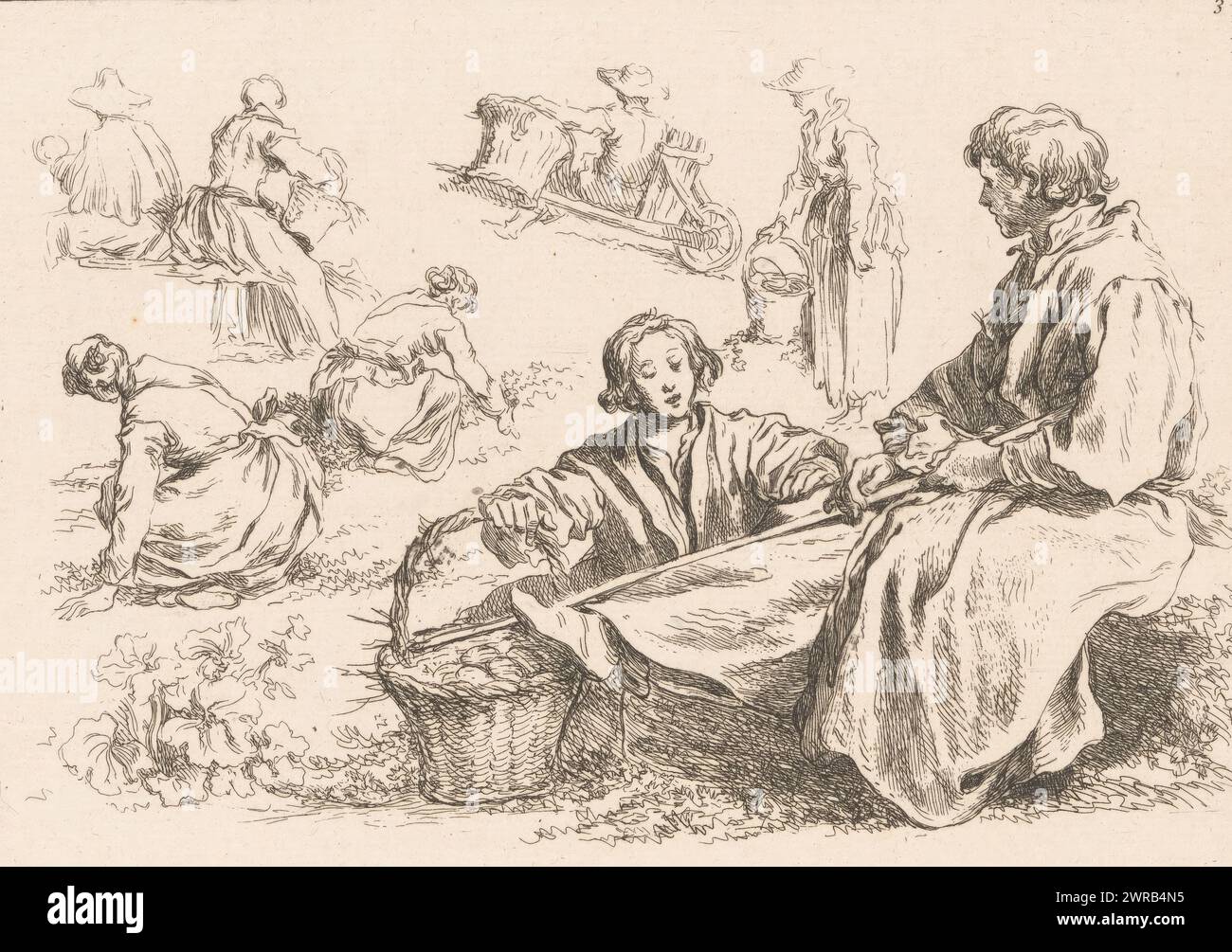 Six figures de jardinage avec deux figures assises au premier plan, Livre d'étude d'après les Desseins originaux de Blomart (titre de la série), imprimeur : François Boucher, après dessin par : Abraham Bloemaert, éditeur : Michel Odieuvre, éditeur : Paris, France, v. 1735, papier, gravure, hauteur 153 mm × largeur 213 mm, impression Banque D'Images