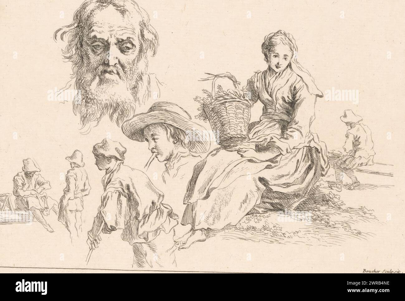 Sept figures avec une femme assise avec un panier et une tête de vieil homme, Livre d'étude d'après les Desseins originaux de Blomart (titre de la série), imprimeur : François Boucher, après dessin par : Abraham Bloemaert, éditeur : Michel Odieuvre, éditeur : Paris, France, c. 1735, papier, gravure, hauteur 150 mm × largeur 217 mm, impression Banque D'Images