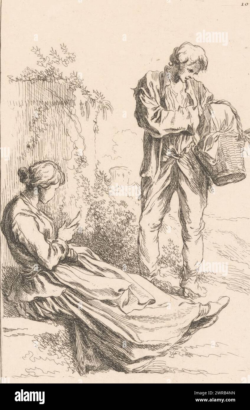 Femme assise et homme debout avec panier dans un paysage, Livre d'étude d'après les Desseins originaux de Blomart (titre de la série), imprimeur : François Boucher, après dessin par : Abraham Bloemaert, éditeur : Michel Odieuvre, éditeur : Paris, France, c. 1735, papier, gravure, hauteur 198 mm × largeur 131 mm, impression Banque D'Images