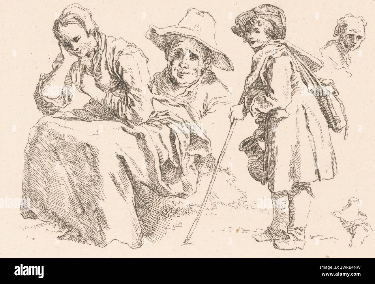 Cinq personnages avec une femme assise et un garçon debout avec un bâton de marche, Livre d'étude d'après les Desseins originaux de Blomart (titre de la série), imprimeur : François Boucher, après dessin par : Abraham Bloemaert, éditeur : Michel Odieuvre, éditeur : Paris, France, c. 1735, papier, gravure, hauteur 150 mm × largeur 212 mm, impression Banque D'Images