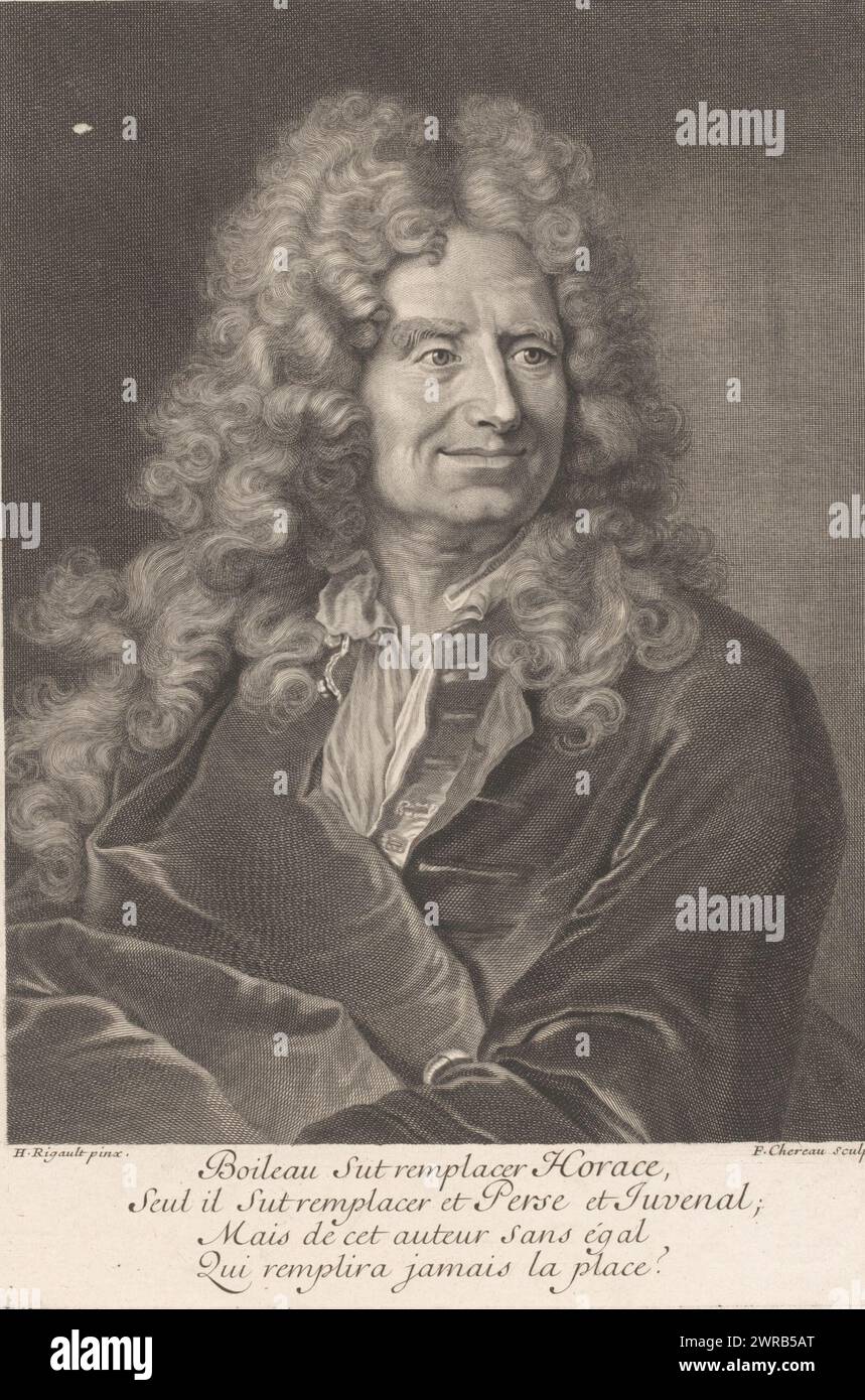 Portrait de Nicolas Boileau, imprimeur : François Chéreau (I), après peinture par : Hyacinthe Rigaud, France, 1704 - 1729, papier, gravure, hauteur 260 mm × largeur 183 mm, impression Banque D'Images