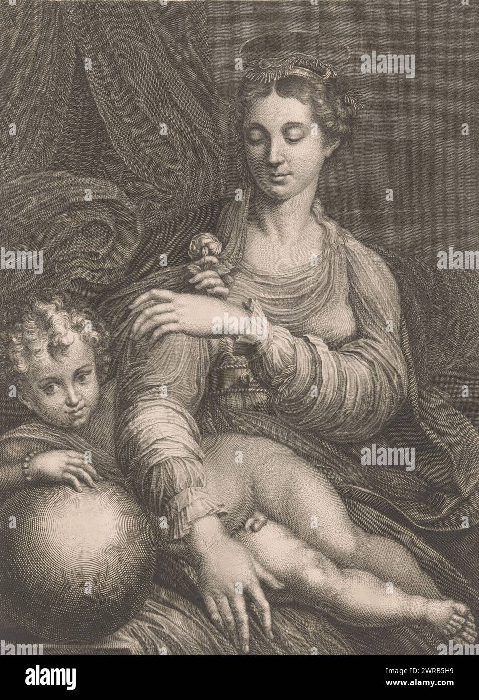 Marie et enfant avec rose, imprimeur : Johann Christoph Teucher, (attribué à), après peinture par : Parmigianino, Italie, c. 1725 - en ou après 1763, papier, gravure, gravure, hauteur 430 mm × largeur 294 mm, impression Banque D'Images