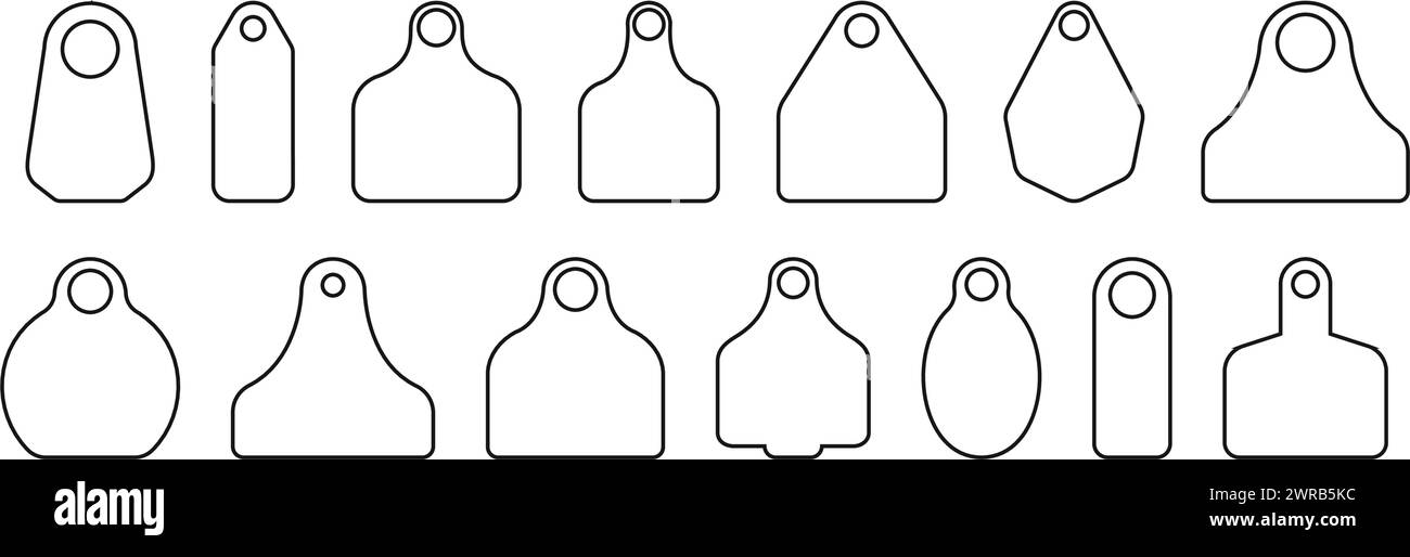 Marques auriculaires pour bovins. Jeu d'étiquettes d'identification pour les animaux d'élevage. Collection de maquettes de marquage pour le bétail isolé sur fond blanc. Illustration vectorielle. Illustration de Vecteur