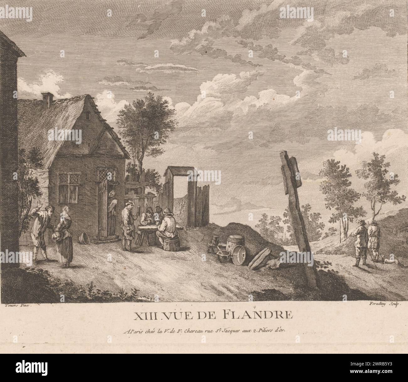 Paysage avec auberge, XIII. vue de Flandre (titre sur objet), imprimeur : Jean François Feradiny, après peinture par : David Teniers, éditeur : weduwe François Chéreau (I), imprimeur : France, éditeur : Paris, 1734 - 1755, papier, gravure, hauteur 216 mm × largeur 266 mm, impression Banque D'Images