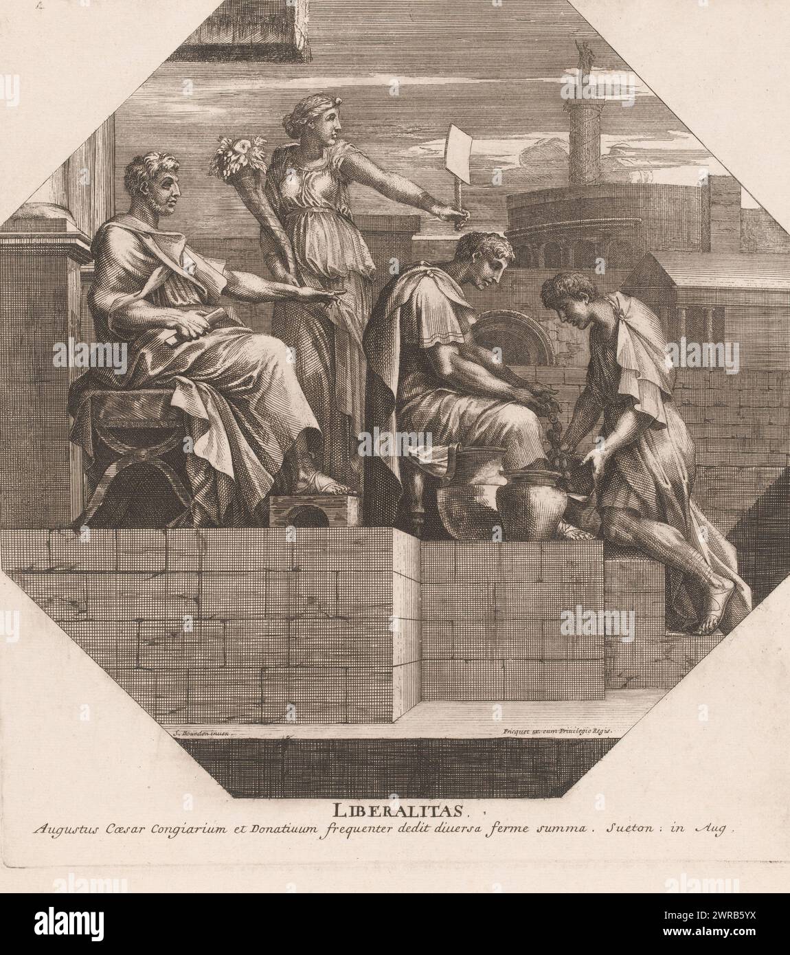 Générosité, Liberalitas (titre sur objet), les vertus et les Arts (titre de la série), Arts et vertus libéraux (titre de la série), l'empereur Auguste ordonne à son serviteur de donner de l'argent à un jeune homme devant eux dans les escaliers., imprimeur : Jacques-Antoine Friquet de Vauroze, après conception par : Sébastien Bourdon, éditeur: Jacques-Antoine Friquet de Vauroze, imprimeur : France, après conception : Paris, éditeur : France, France, 1663 - 1716, papier, gravure, gravure, hauteur 316 mm × largeur 288 mm, impression Banque D'Images