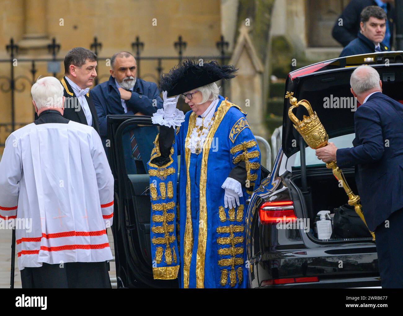 Patricia McAllister, lord maire de Westminster, arrivée à l'abbaye pour le service du Commonwealth, en présence de la reine et du prince de Galles. Banque D'Images