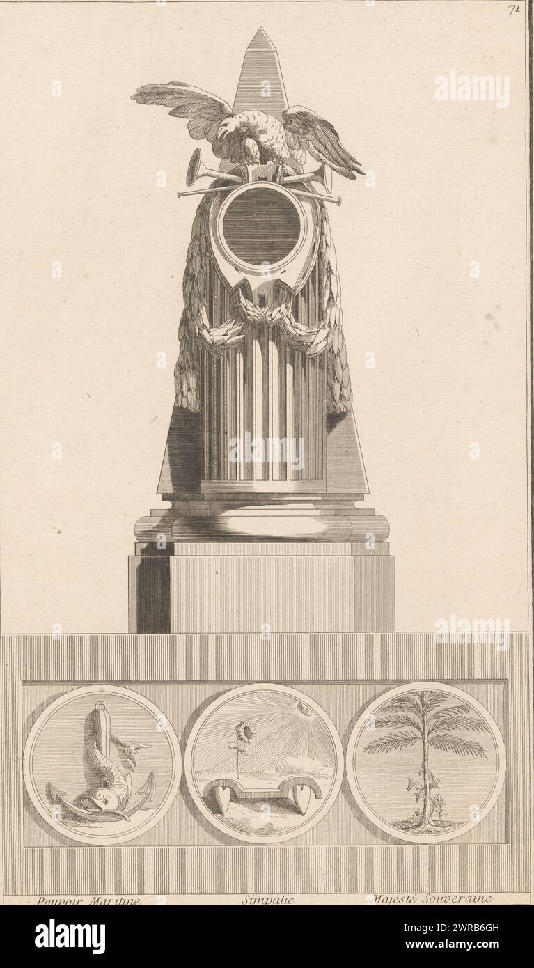 Navy, Sympathy and Sovereign Majesty, pouvoir Maritine, Simpatie, Majesté souveraine (titre sur objet), P pendules (titre de la série), Nouvelle Iconologie historique ou ATTRIBUTS Hierogliphyques (...) (Titre de la série), une horloge à manteau ornementée avec des guirlandes et un aigle sur des trompettes. Ci-dessous, trois médaillons ronds, à gauche avec une ancre et un dauphin, au milieu avec un tournesol et des coeurs et à droite un palmier. Photo numéro 71., imprimeur : Charles Beurlier, d'après la conception de : Jean Charles Delafosse, éditeur : Jacques-François Chéreau, Paris, 1768 - 1771, papier Banque D'Images