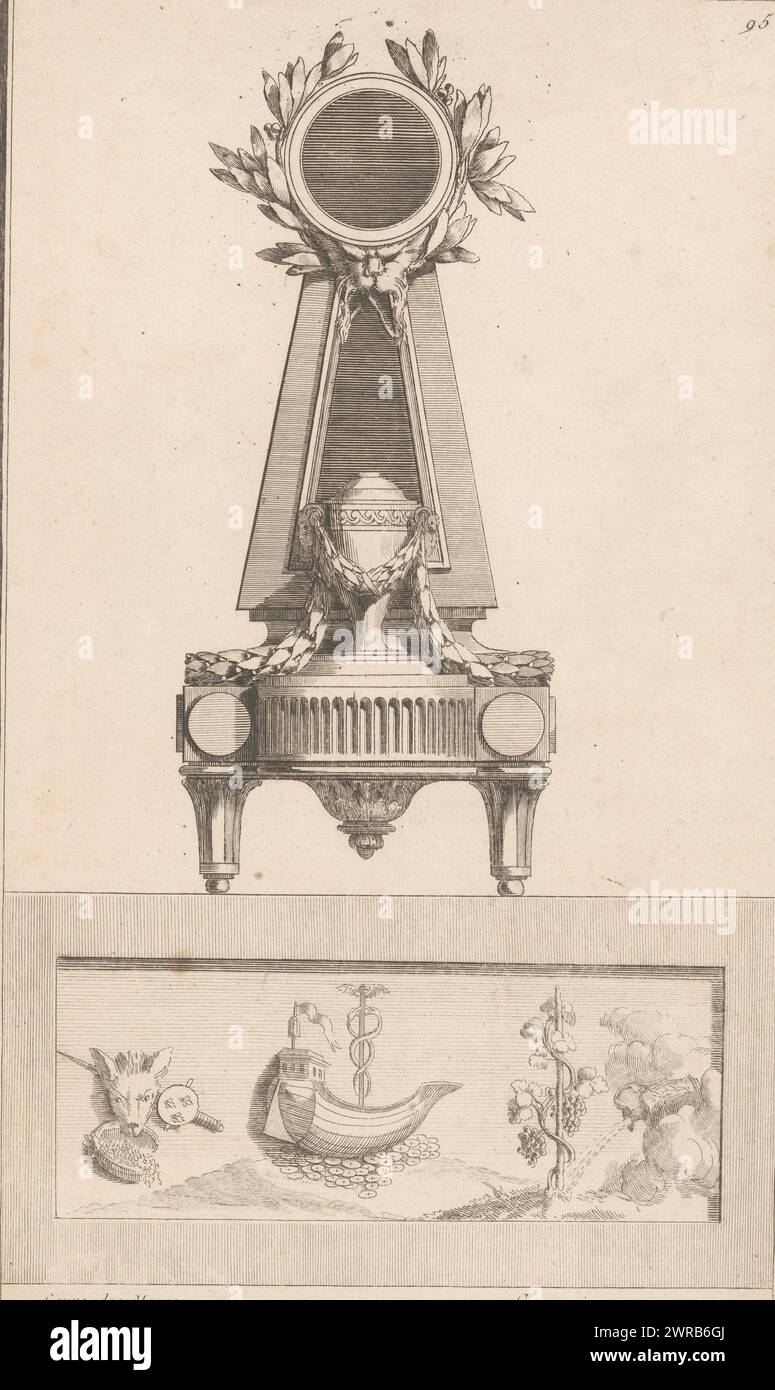 Money Matters and Grammar, cours des Monnoyes, grammaire (titre sur objet), P pendules (titre de la série), Nouvelle Iconologie historique ou ATTRIBUTS Hierogliphyques (...) (Titre de la série), une horloge de cheminée ornée avec guirlandes, branches et un vase. Ci-dessous se trouve un cadre avec une tête d'animal avec épée et grenade sur la gauche, un navire avec un caducée sur des pièces de monnaie au milieu et de l'eau qui coule d'un vase sur des vignes de raisin sur la droite. Photo numéro 95., imprimeur : Jean Charles Delafosse, d'après sa propre conception par : Jean Charles Delafosse, éditeur : Jacques -François Chéreau, Paris, 1768 - 1771 Banque D'Images